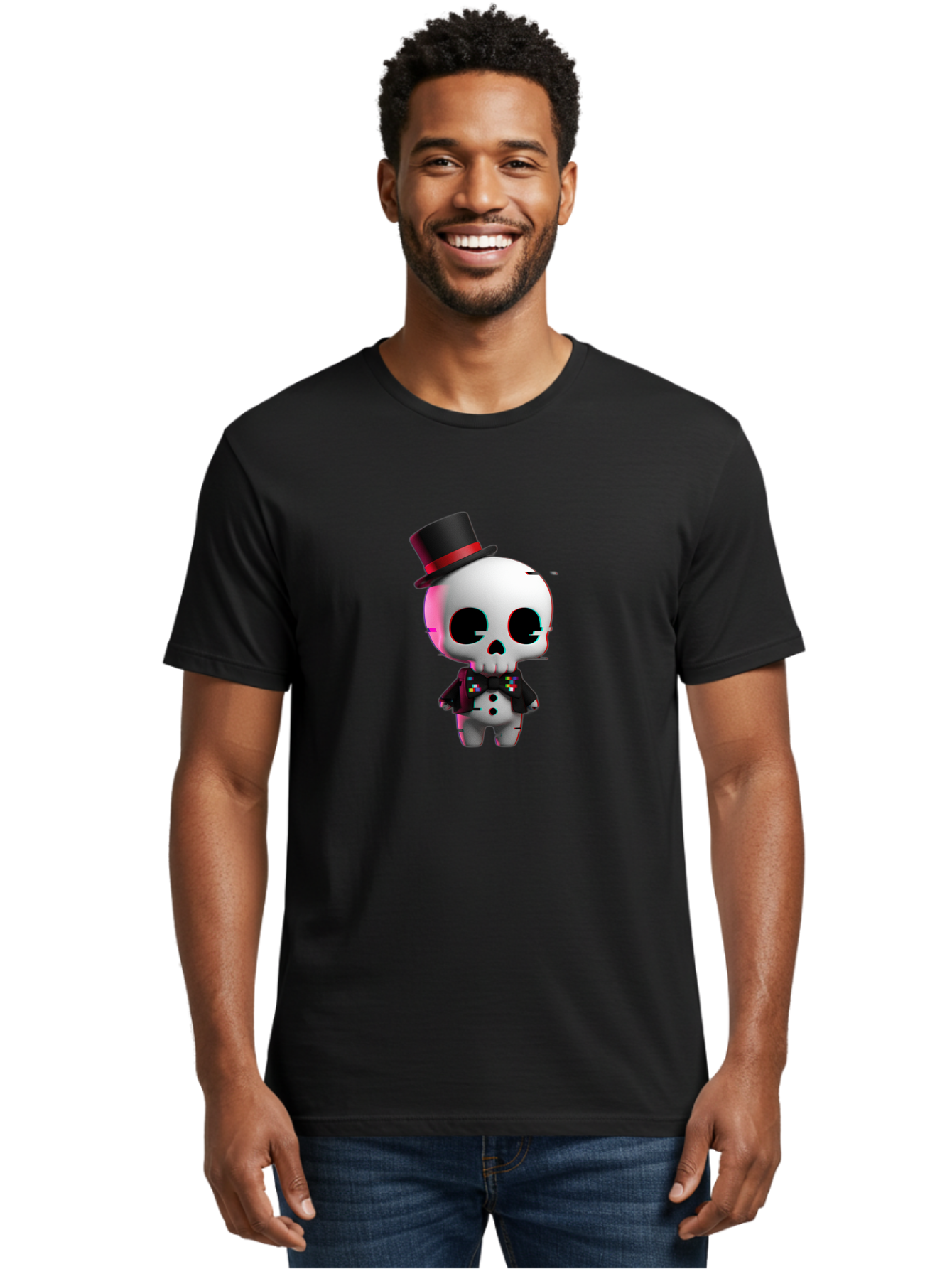 Skull-With-Top-Hat-And-Bow-Tie-1 Men'S Graphic Tee, 100% Cotton, Comfortable Casual Summer Wear, Machine Washable, 3D Rendered Skull, Top Hat And Bow Tie, Gothic Style, Digital Art, Skeleton Character, Colorful Bow Tie, Black Hat, Spooky Chic, Bad623