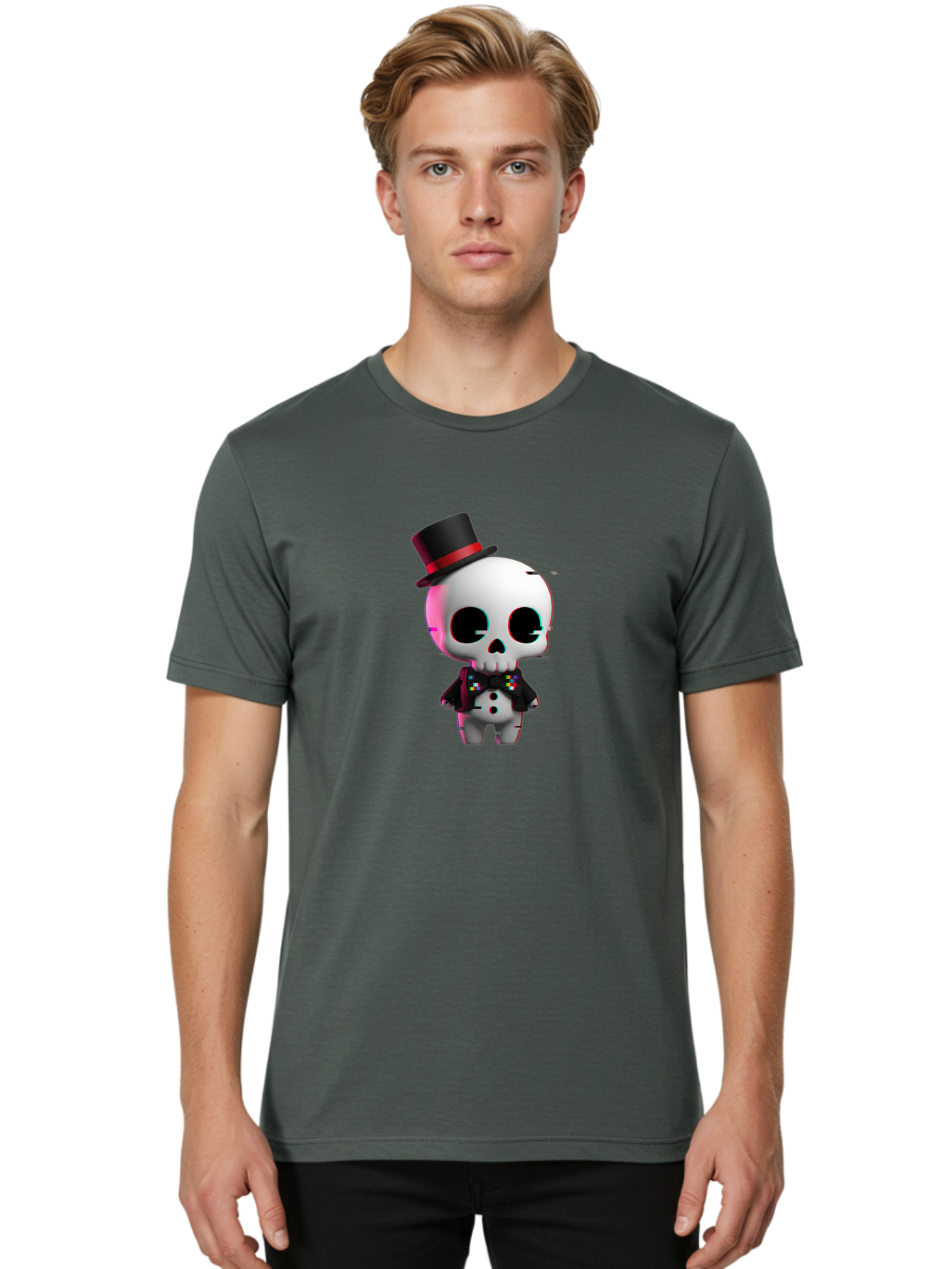 Skull-With-Top-Hat-And-Bow-Tie-1 Men'S Graphic Tee, 100% Cotton, Comfortable Casual Summer Wear, Machine Washable, 3D Rendered Skull, Top Hat And Bow Tie, Gothic Style, Digital Art, Skeleton Character, Colorful Bow Tie, Black Hat, Spooky Chic, Bad623