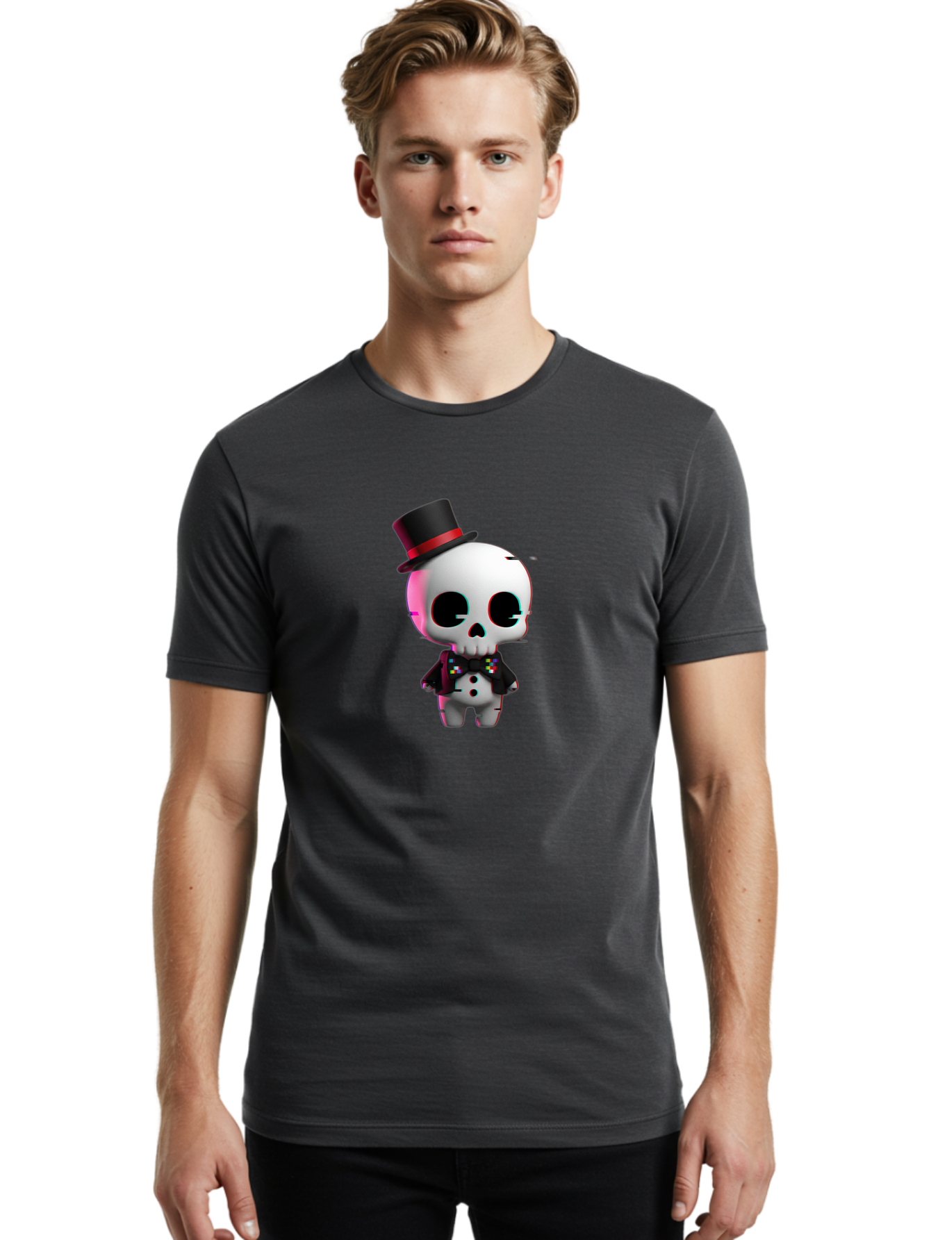 Skull-With-Top-Hat-And-Bow-Tie-1 Men'S Graphic Tee, 100% Cotton, Comfortable Casual Summer Wear, Machine Washable, 3D Rendered Skull, Top Hat And Bow Tie, Gothic Style, Digital Art, Skeleton Character, Colorful Bow Tie, Black Hat, Spooky Chic, Bad623