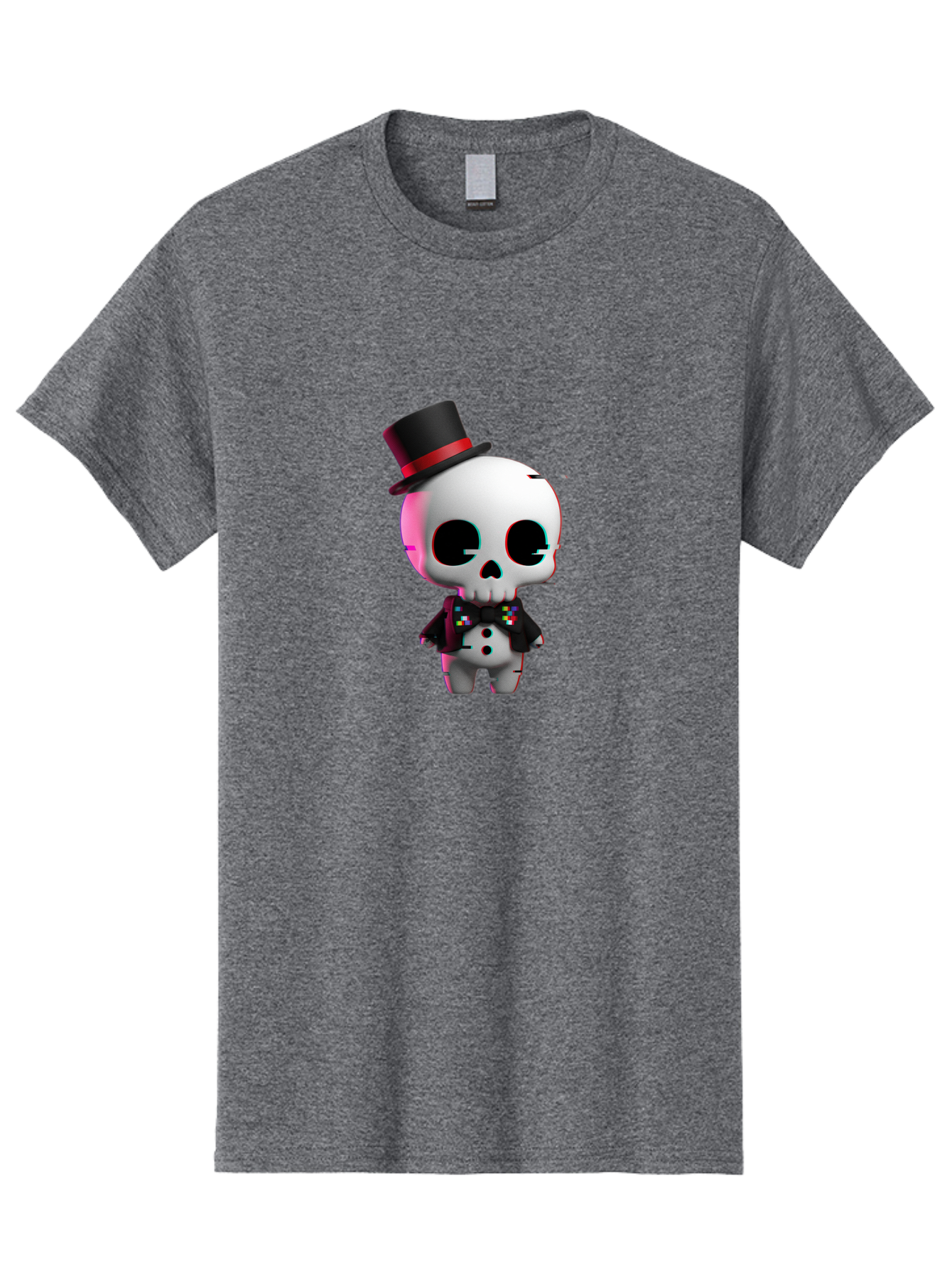 Skull-With-Top-Hat-And-Bow-Tie-1 Men'S Graphic Tee, 100% Cotton, Comfortable Casual Summer Wear, Machine Washable, 3D Rendered Skull, Top Hat And Bow Tie, Gothic Style, Digital Art, Skeleton Character, Colorful Bow Tie, Black Hat, Spooky Chic, Bad623