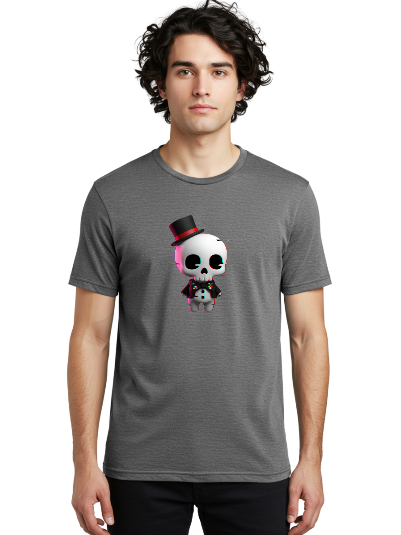 Skull-With-Top-Hat-And-Bow-Tie-1 Men'S Graphic Tee, 100% Cotton, Comfortable Casual Summer Wear, Machine Washable, 3D Rendered Skull, Top Hat And Bow Tie, Gothic Style, Digital Art, Skeleton Character, Colorful Bow Tie, Black Hat, Spooky Chic, Bad623