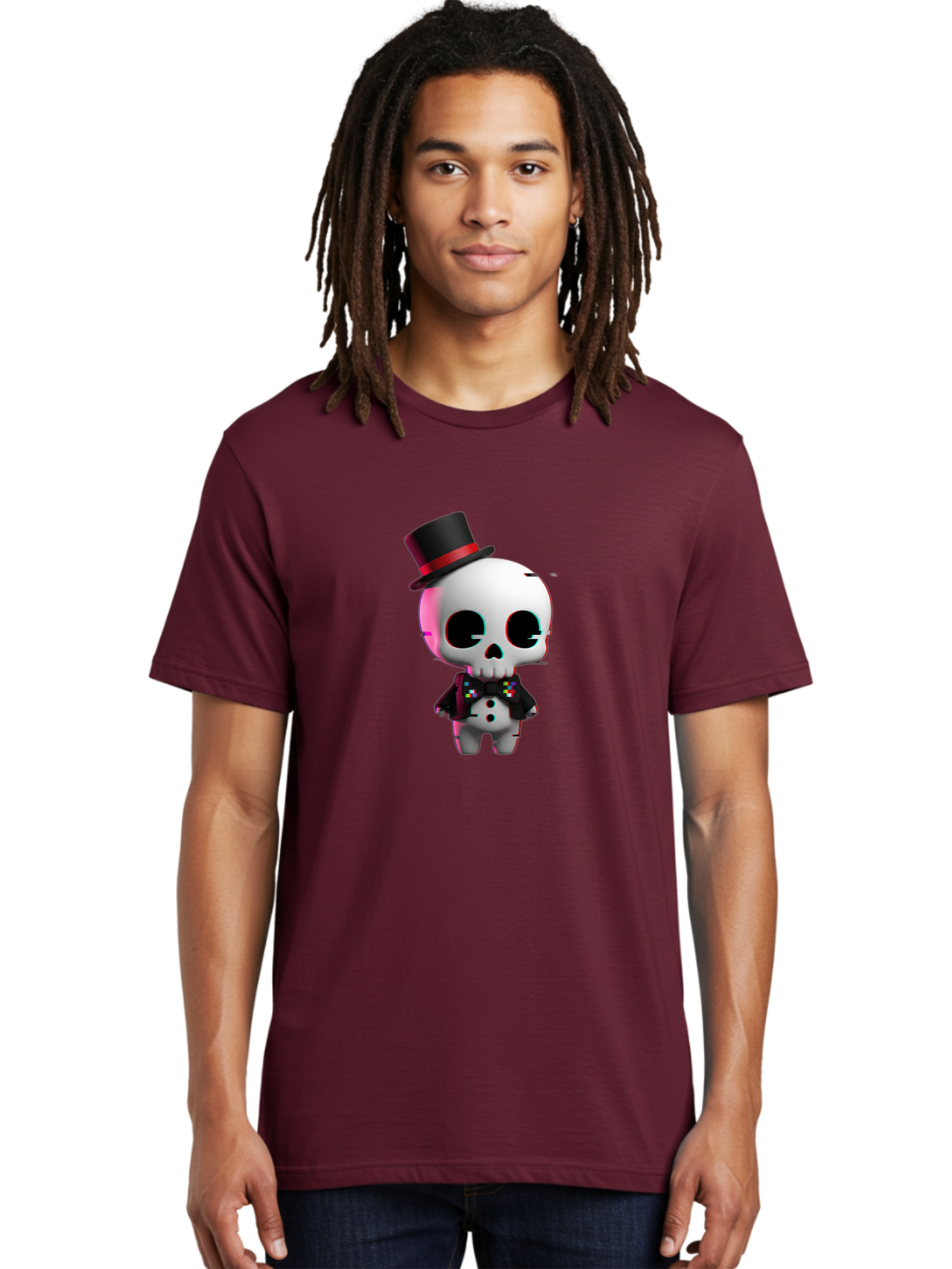 Skull-With-Top-Hat-And-Bow-Tie-1 Men'S Graphic Tee, 100% Cotton, Comfortable Casual Summer Wear, Machine Washable, 3D Rendered Skull, Top Hat And Bow Tie, Gothic Style, Digital Art, Skeleton Character, Colorful Bow Tie, Black Hat, Spooky Chic, Bad623