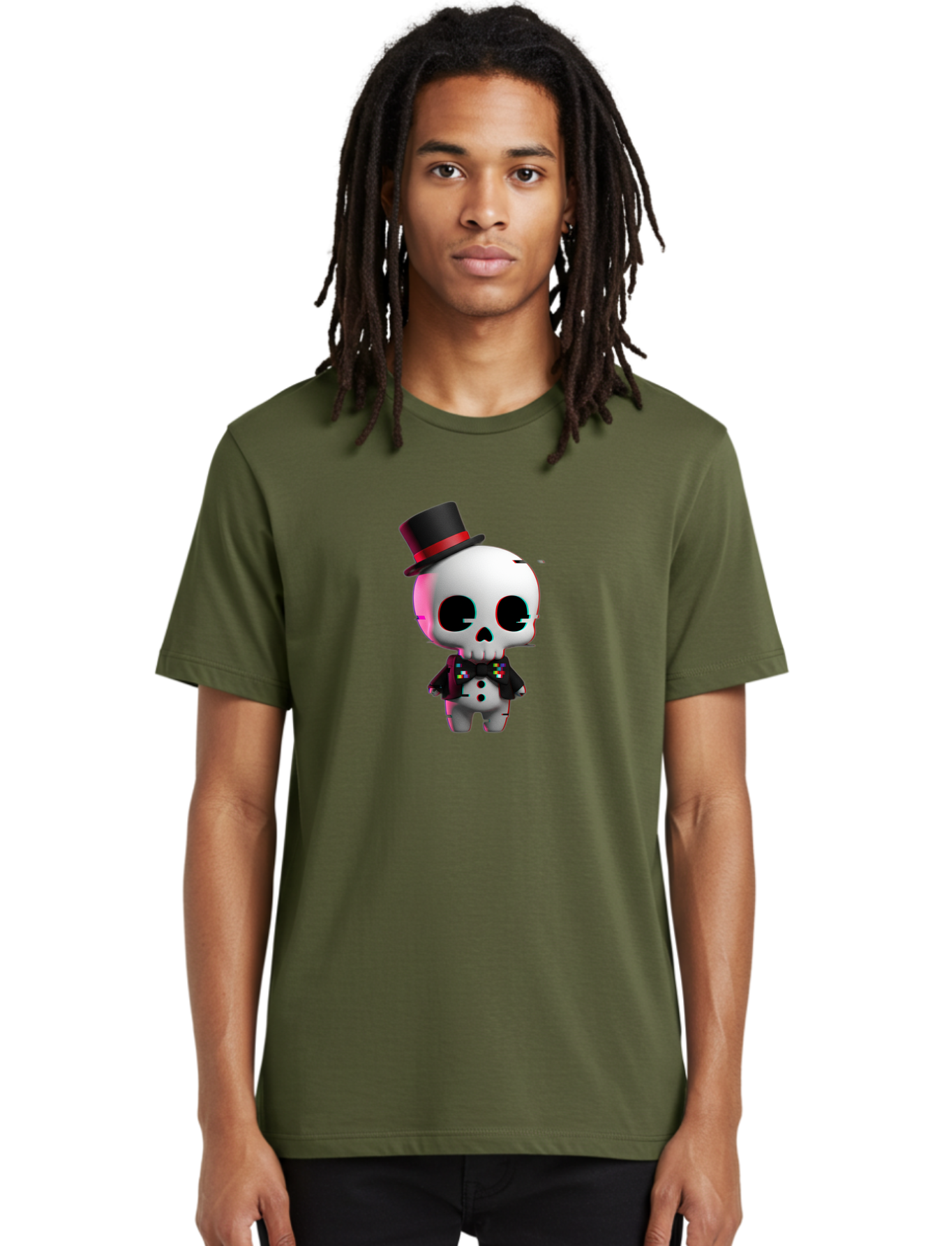 Skull-With-Top-Hat-And-Bow-Tie-1 Men'S Graphic Tee, 100% Cotton, Comfortable Casual Summer Wear, Machine Washable, 3D Rendered Skull, Top Hat And Bow Tie, Gothic Style, Digital Art, Skeleton Character, Colorful Bow Tie, Black Hat, Spooky Chic, Bad623