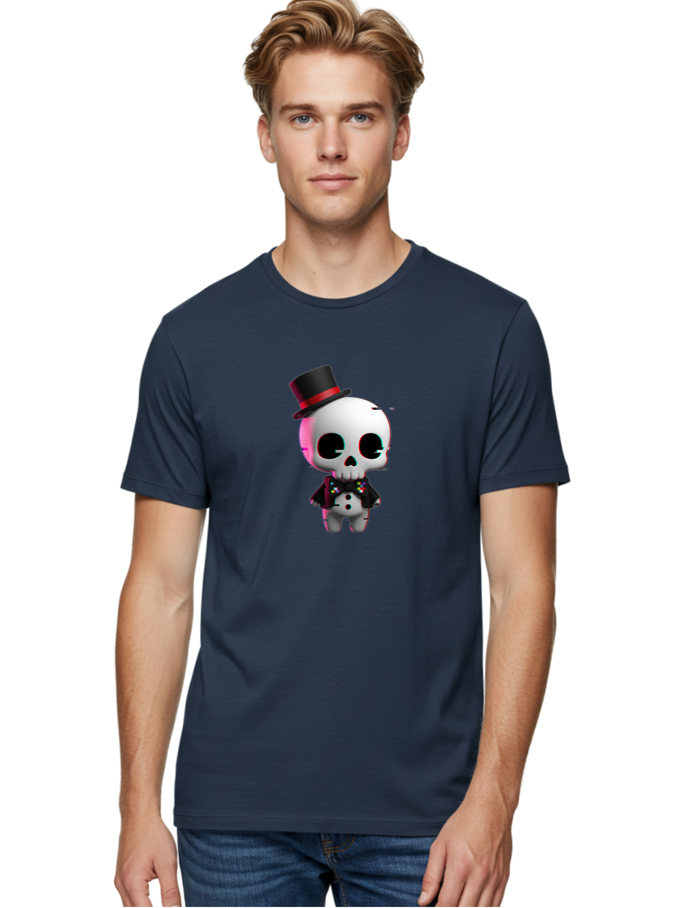 Skull-With-Top-Hat-And-Bow-Tie-1 Men'S Graphic Tee, 100% Cotton, Comfortable Casual Summer Wear, Machine Washable, 3D Rendered Skull, Top Hat And Bow Tie, Gothic Style, Digital Art, Skeleton Character, Colorful Bow Tie, Black Hat, Spooky Chic, Bad623