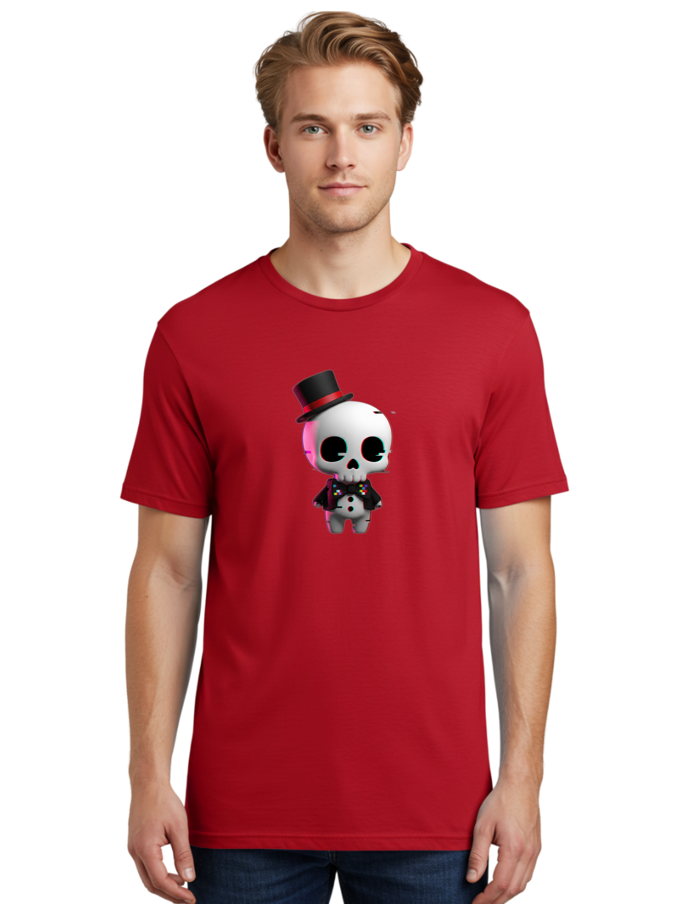 Skull-With-Top-Hat-And-Bow-Tie-1 Men'S Graphic Tee, 100% Cotton, Comfortable Casual Summer Wear, Machine Washable, 3D Rendered Skull, Top Hat And Bow Tie, Gothic Style, Digital Art, Skeleton Character, Colorful Bow Tie, Black Hat, Spooky Chic, Bad623