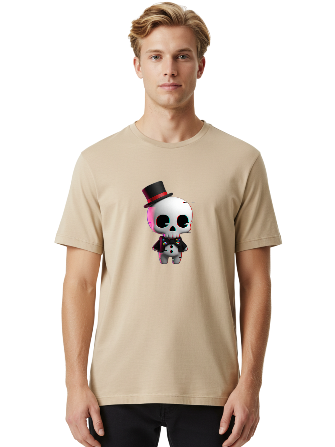 Skull-With-Top-Hat-And-Bow-Tie-1 Men'S Graphic Tee, 100% Cotton, Comfortable Casual Summer Wear, Machine Washable, 3D Rendered Skull, Top Hat And Bow Tie, Gothic Style, Digital Art, Skeleton Character, Colorful Bow Tie, Black Hat, Spooky Chic, Bad623