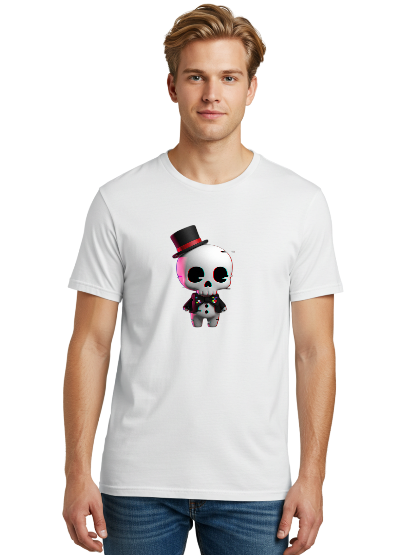 Skull-With-Top-Hat-And-Bow-Tie-1 Men'S Graphic Tee, 100% Cotton, Comfortable Casual Summer Wear, Machine Washable, 3D Rendered Skull, Top Hat And Bow Tie, Gothic Style, Digital Art, Skeleton Character, Colorful Bow Tie, Black Hat, Spooky Chic, Bad623