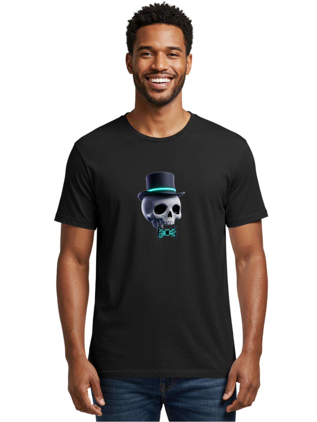 Skull-With-Top-Hat-And-Bow-Tie-2 Men'S Graphic Tee, 100% Cotton, Comfortable Casual Summer Wear, Machine Washable, Skull With Top Hat, Cyberpunk Style, Futuristic, Circuit Board, Bow Tie, Glowing Neon, Tech-Inspired Art, Gothic Chic, Bad624