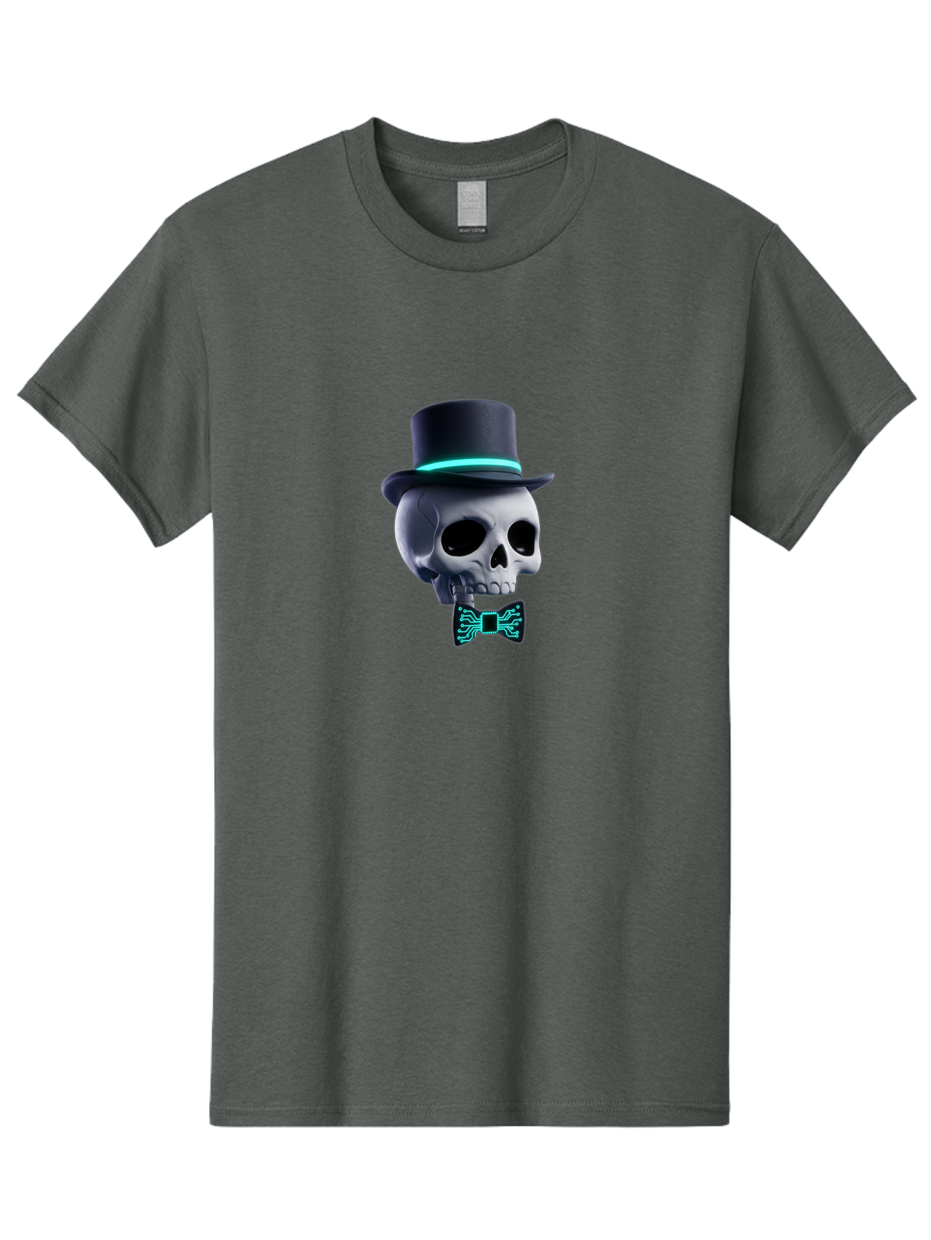 Skull-With-Top-Hat-And-Bow-Tie-2 Men'S Graphic Tee, 100% Cotton, Comfortable Casual Summer Wear, Machine Washable, Skull With Top Hat, Cyberpunk Style, Futuristic, Circuit Board, Bow Tie, Glowing Neon, Tech-Inspired Art, Gothic Chic, Bad624