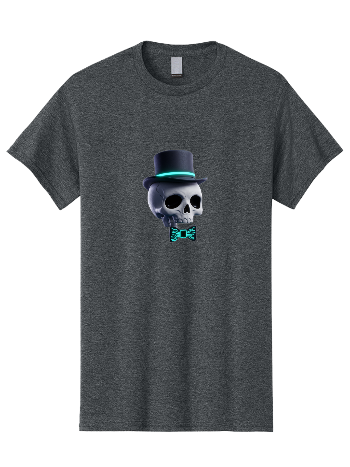 Skull-With-Top-Hat-And-Bow-Tie-2 Men'S Graphic Tee, 100% Cotton, Comfortable Casual Summer Wear, Machine Washable, Skull With Top Hat, Cyberpunk Style, Futuristic, Circuit Board, Bow Tie, Glowing Neon, Tech-Inspired Art, Gothic Chic, Bad624