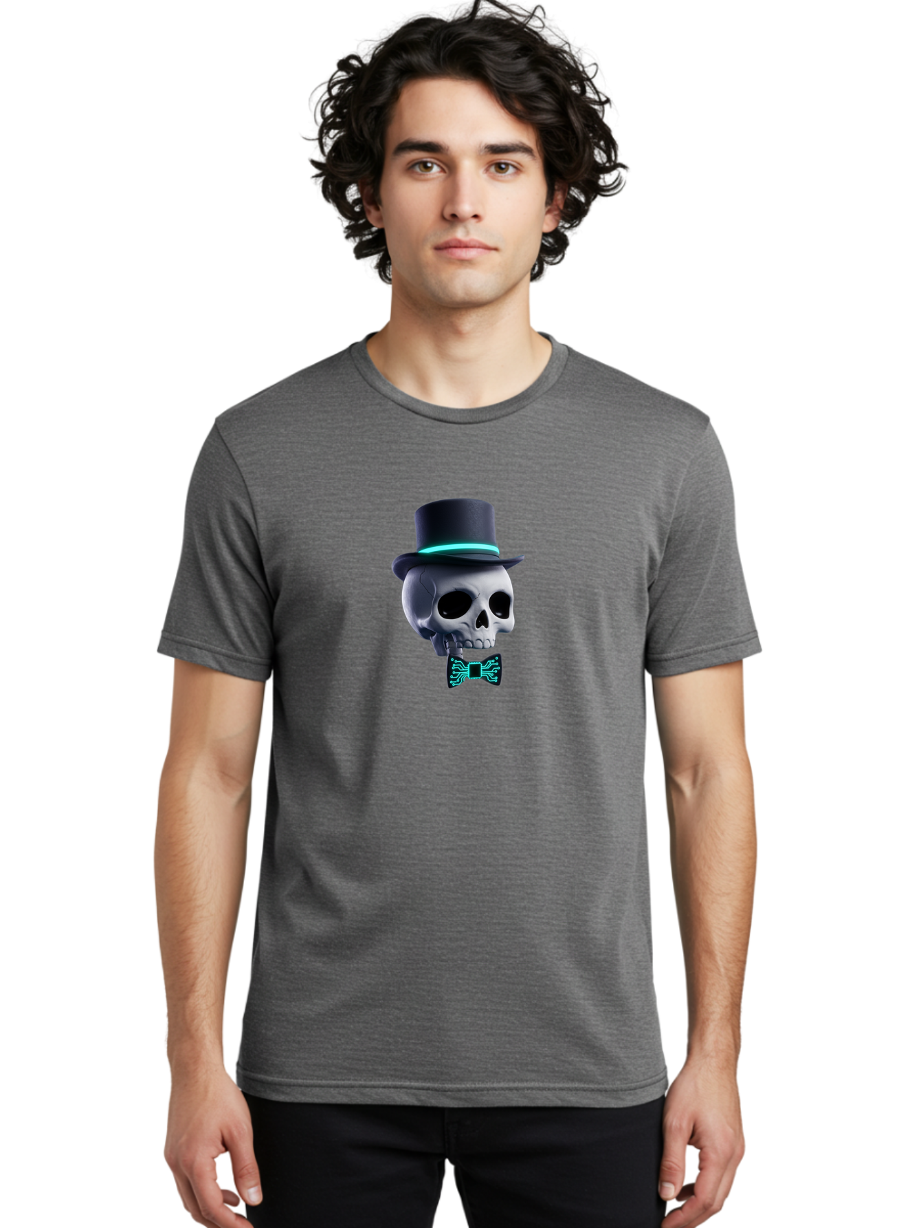 Skull-With-Top-Hat-And-Bow-Tie-2 Men'S Graphic Tee, 100% Cotton, Comfortable Casual Summer Wear, Machine Washable, Skull With Top Hat, Cyberpunk Style, Futuristic, Circuit Board, Bow Tie, Glowing Neon, Tech-Inspired Art, Gothic Chic, Bad624