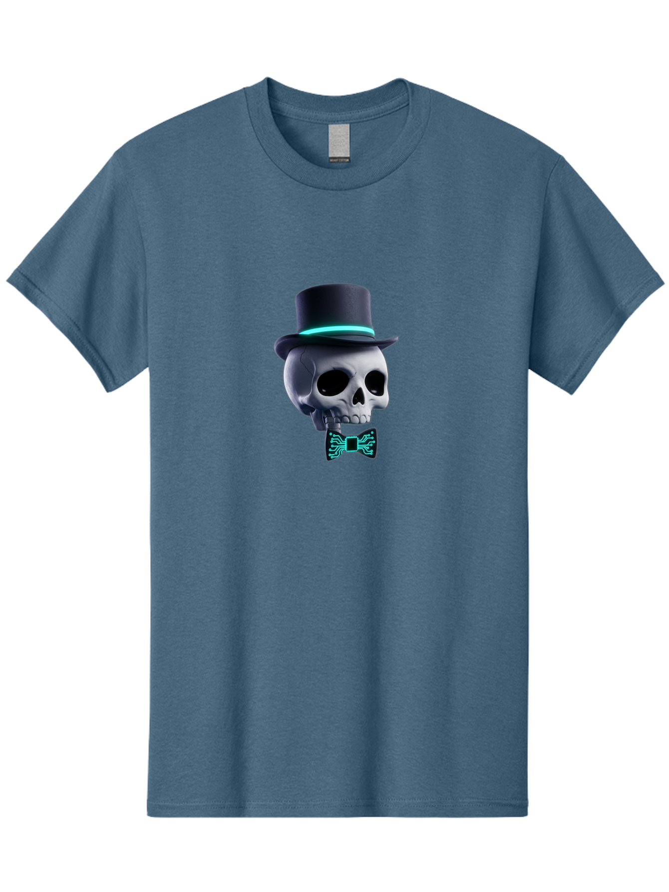 Skull-With-Top-Hat-And-Bow-Tie-2 Men'S Graphic Tee, 100% Cotton, Comfortable Casual Summer Wear, Machine Washable, Skull With Top Hat, Cyberpunk Style, Futuristic, Circuit Board, Bow Tie, Glowing Neon, Tech-Inspired Art, Gothic Chic, Bad624
