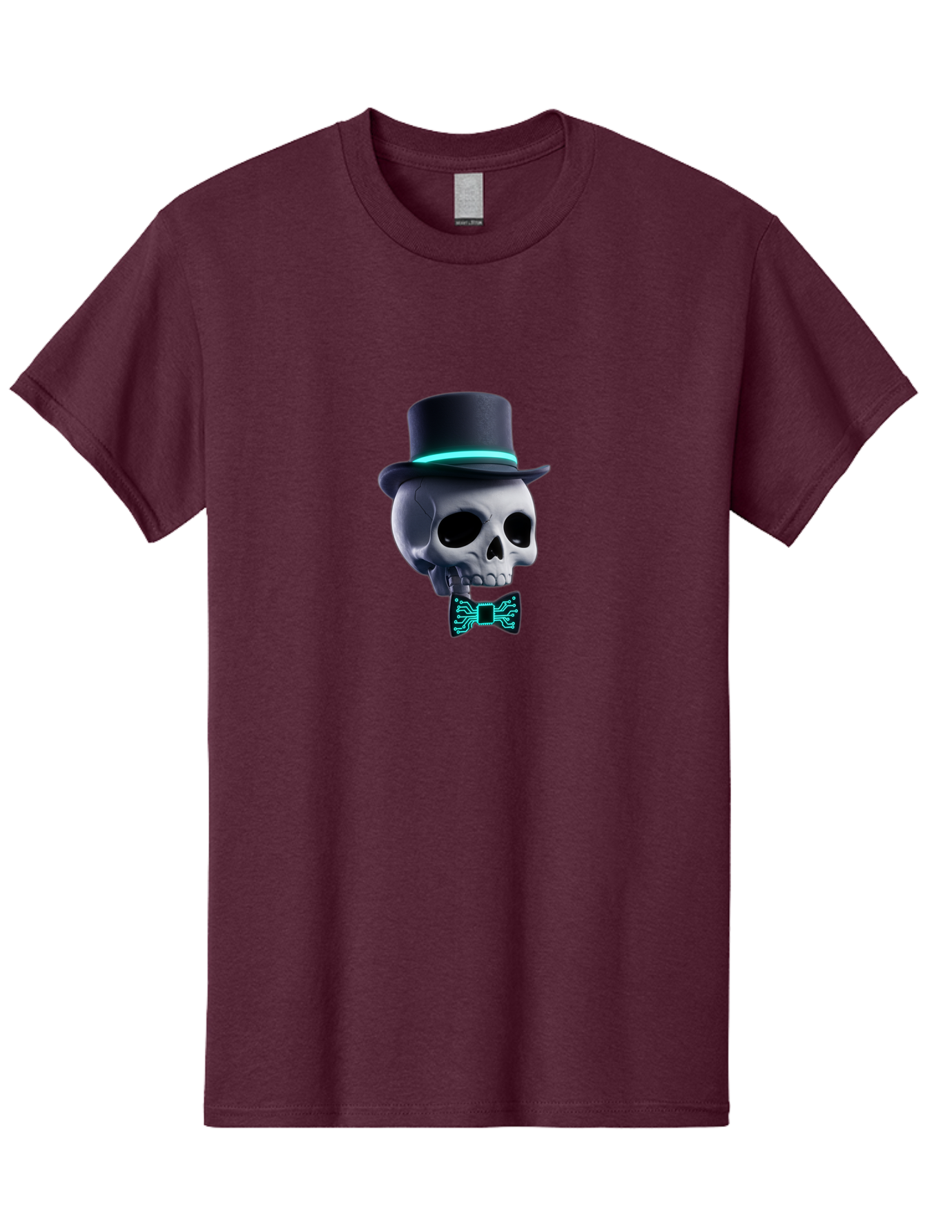 Skull-With-Top-Hat-And-Bow-Tie-2 Men'S Graphic Tee, 100% Cotton, Comfortable Casual Summer Wear, Machine Washable, Skull With Top Hat, Cyberpunk Style, Futuristic, Circuit Board, Bow Tie, Glowing Neon, Tech-Inspired Art, Gothic Chic, Bad624