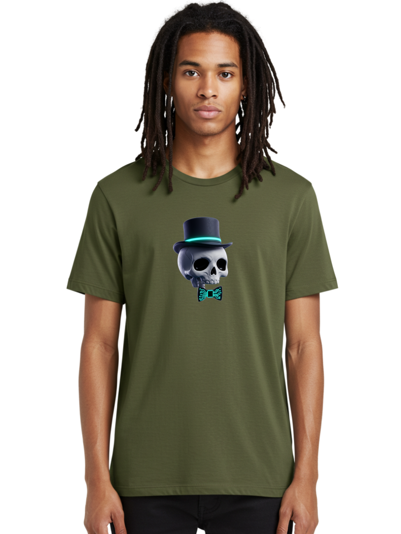 Skull-With-Top-Hat-And-Bow-Tie-2 Men'S Graphic Tee, 100% Cotton, Comfortable Casual Summer Wear, Machine Washable, Skull With Top Hat, Cyberpunk Style, Futuristic, Circuit Board, Bow Tie, Glowing Neon, Tech-Inspired Art, Gothic Chic, Bad624