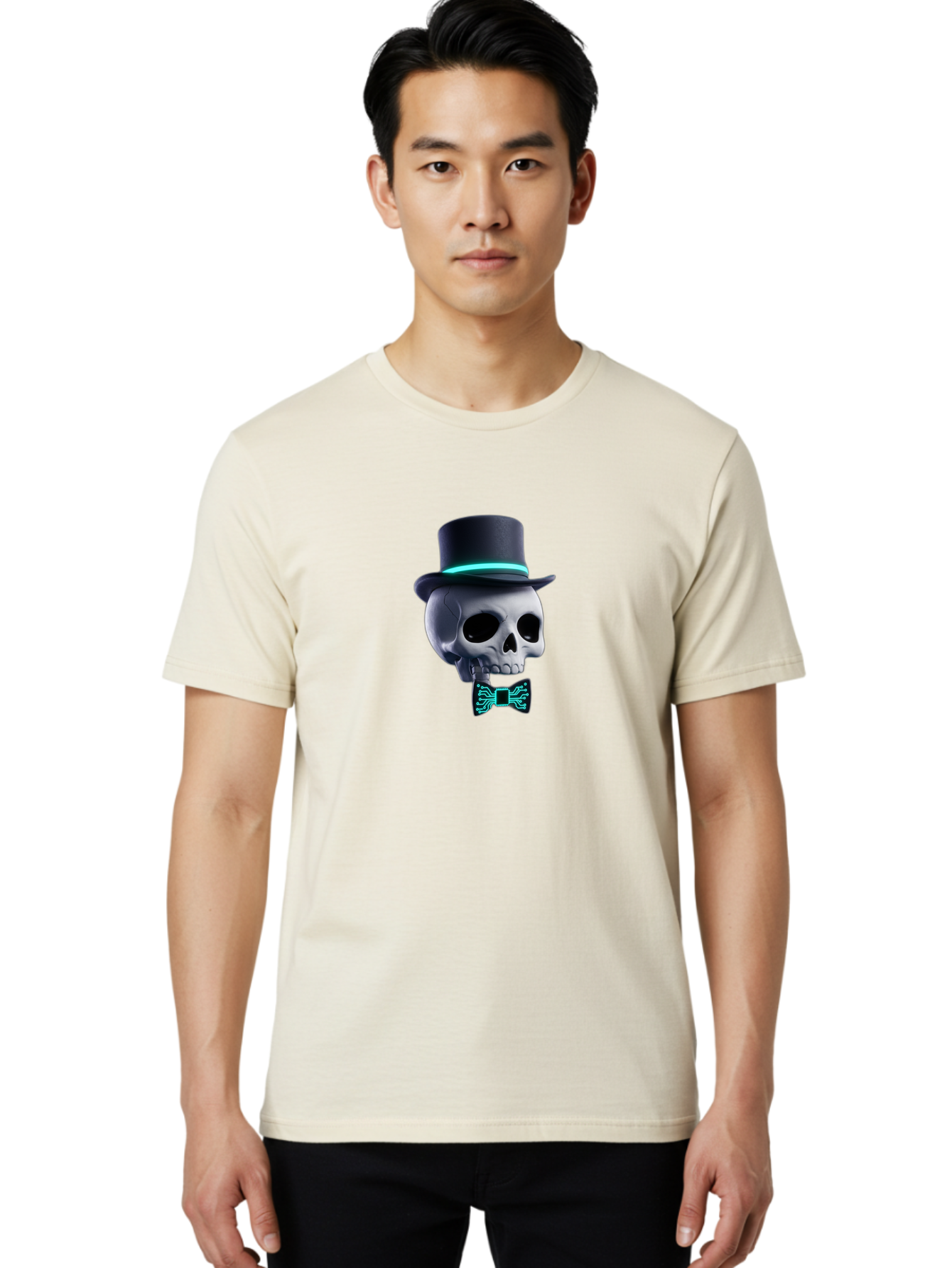 Skull-With-Top-Hat-And-Bow-Tie-2 Men'S Graphic Tee, 100% Cotton, Comfortable Casual Summer Wear, Machine Washable, Skull With Top Hat, Cyberpunk Style, Futuristic, Circuit Board, Bow Tie, Glowing Neon, Tech-Inspired Art, Gothic Chic, Bad624
