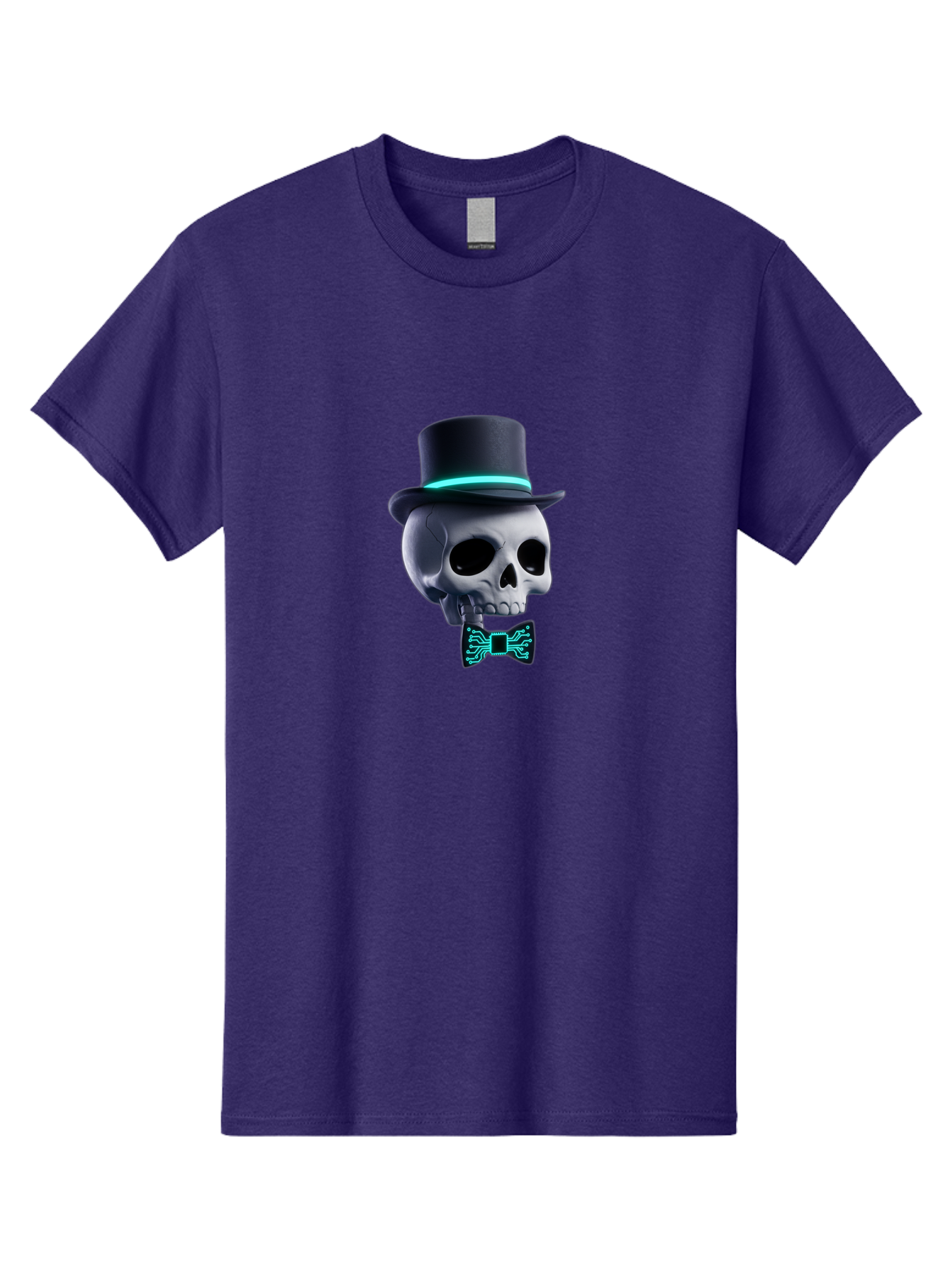Skull-With-Top-Hat-And-Bow-Tie-2 Men'S Graphic Tee, 100% Cotton, Comfortable Casual Summer Wear, Machine Washable, Skull With Top Hat, Cyberpunk Style, Futuristic, Circuit Board, Bow Tie, Glowing Neon, Tech-Inspired Art, Gothic Chic, Bad624