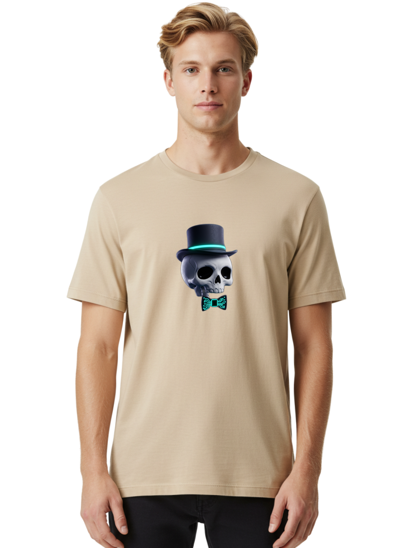 Skull-With-Top-Hat-And-Bow-Tie-2 Men'S Graphic Tee, 100% Cotton, Comfortable Casual Summer Wear, Machine Washable, Skull With Top Hat, Cyberpunk Style, Futuristic, Circuit Board, Bow Tie, Glowing Neon, Tech-Inspired Art, Gothic Chic, Bad624