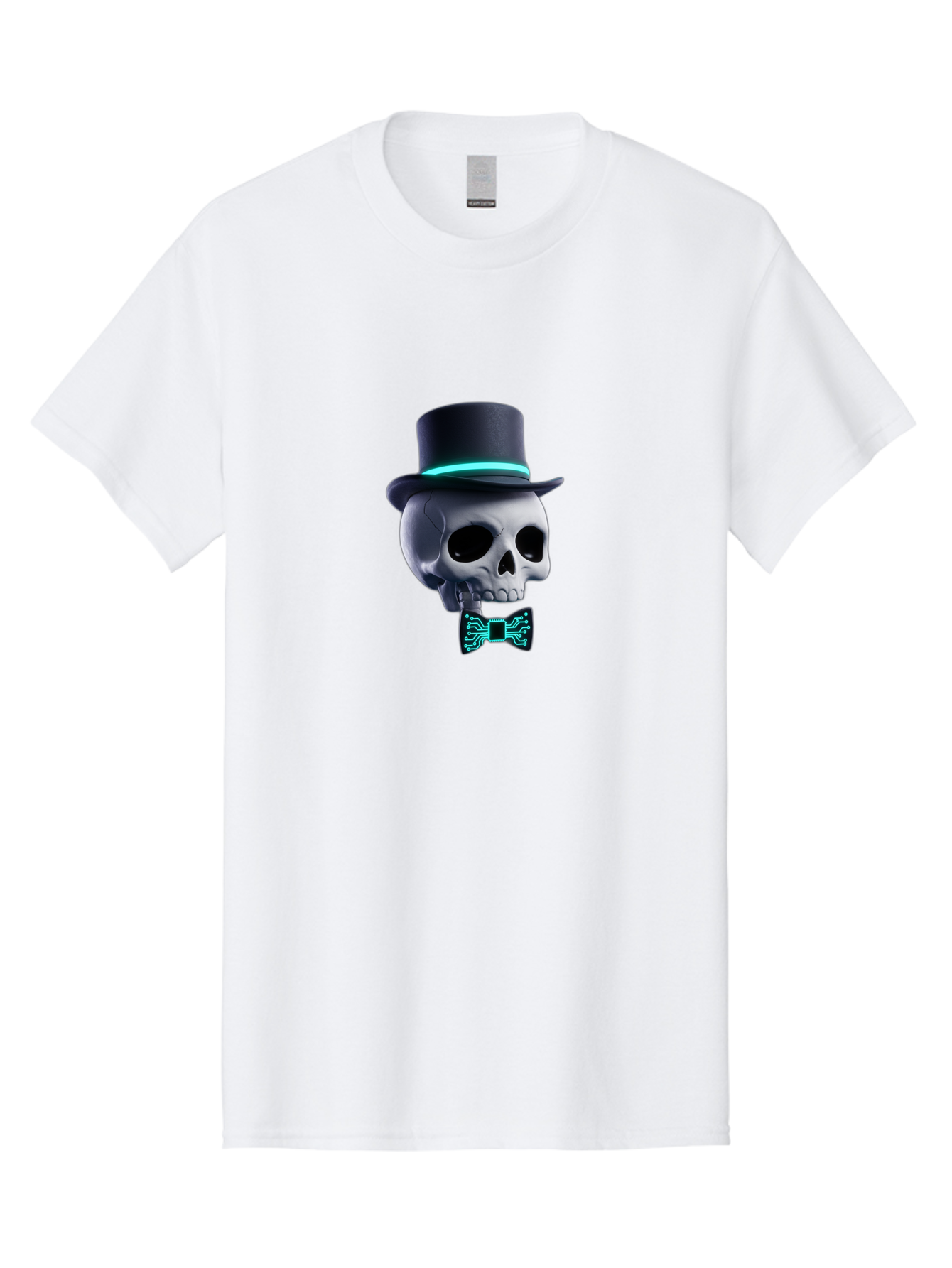 Skull-With-Top-Hat-And-Bow-Tie-2 Men'S Graphic Tee, 100% Cotton, Comfortable Casual Summer Wear, Machine Washable, Skull With Top Hat, Cyberpunk Style, Futuristic, Circuit Board, Bow Tie, Glowing Neon, Tech-Inspired Art, Gothic Chic, Bad624