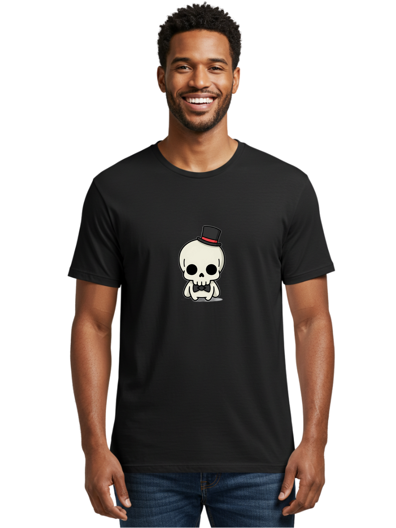Skull-With-Top-Hat-And-Bow-Tie Men'S Graphic Tee, 100% Cotton, Comfortable Casual Summer Wear, Machine Washable, Cartoon Skull, Top Hat, Black Bow Tie, Skeleton Character, Spooky Charm, Gothic Style, Red Ribbon, Cute Skeleton, Bad625