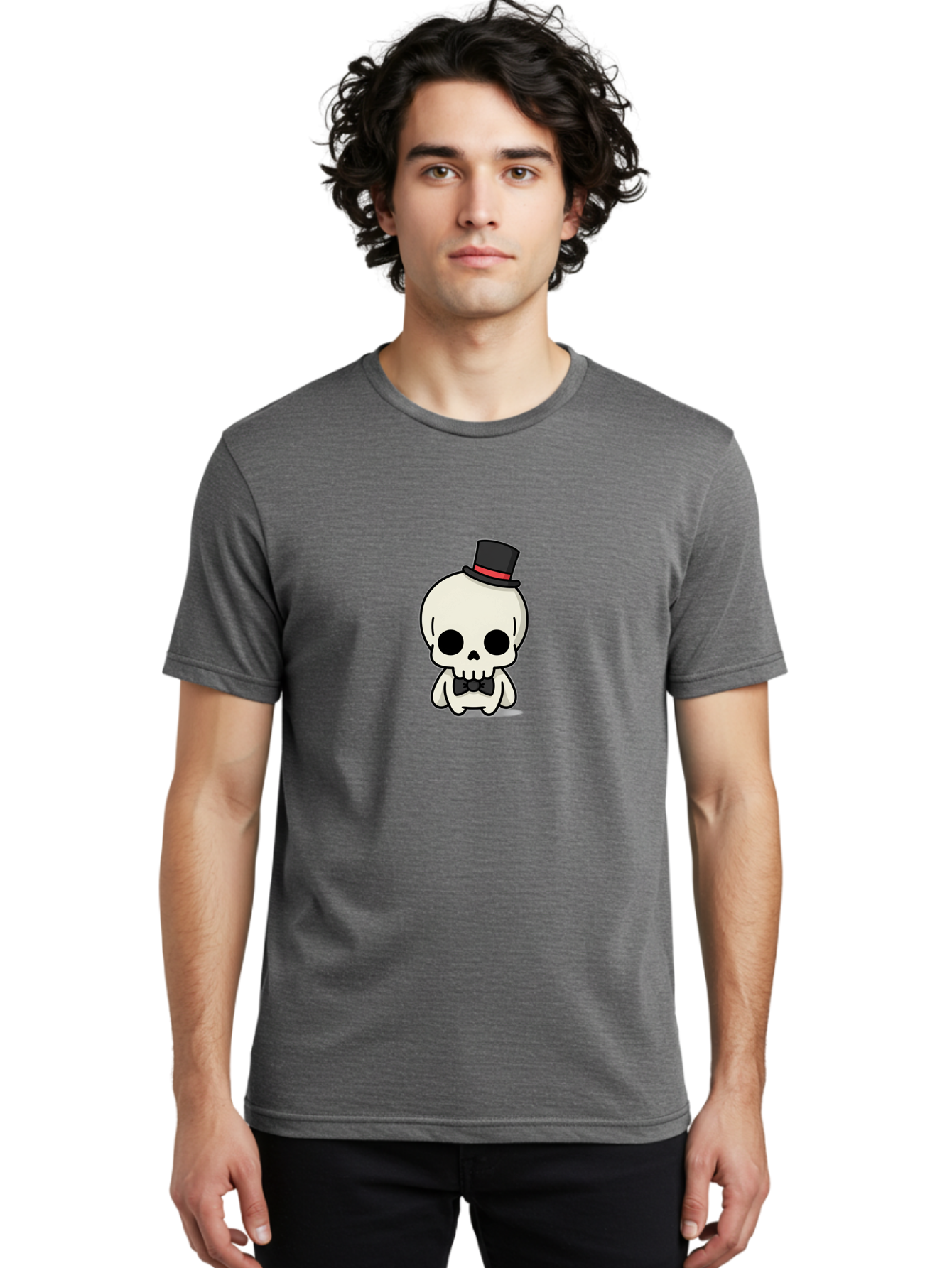 Skull-With-Top-Hat-And-Bow-Tie Men'S Graphic Tee, 100% Cotton, Comfortable Casual Summer Wear, Machine Washable, Cartoon Skull, Top Hat, Black Bow Tie, Skeleton Character, Spooky Charm, Gothic Style, Red Ribbon, Cute Skeleton, Bad625