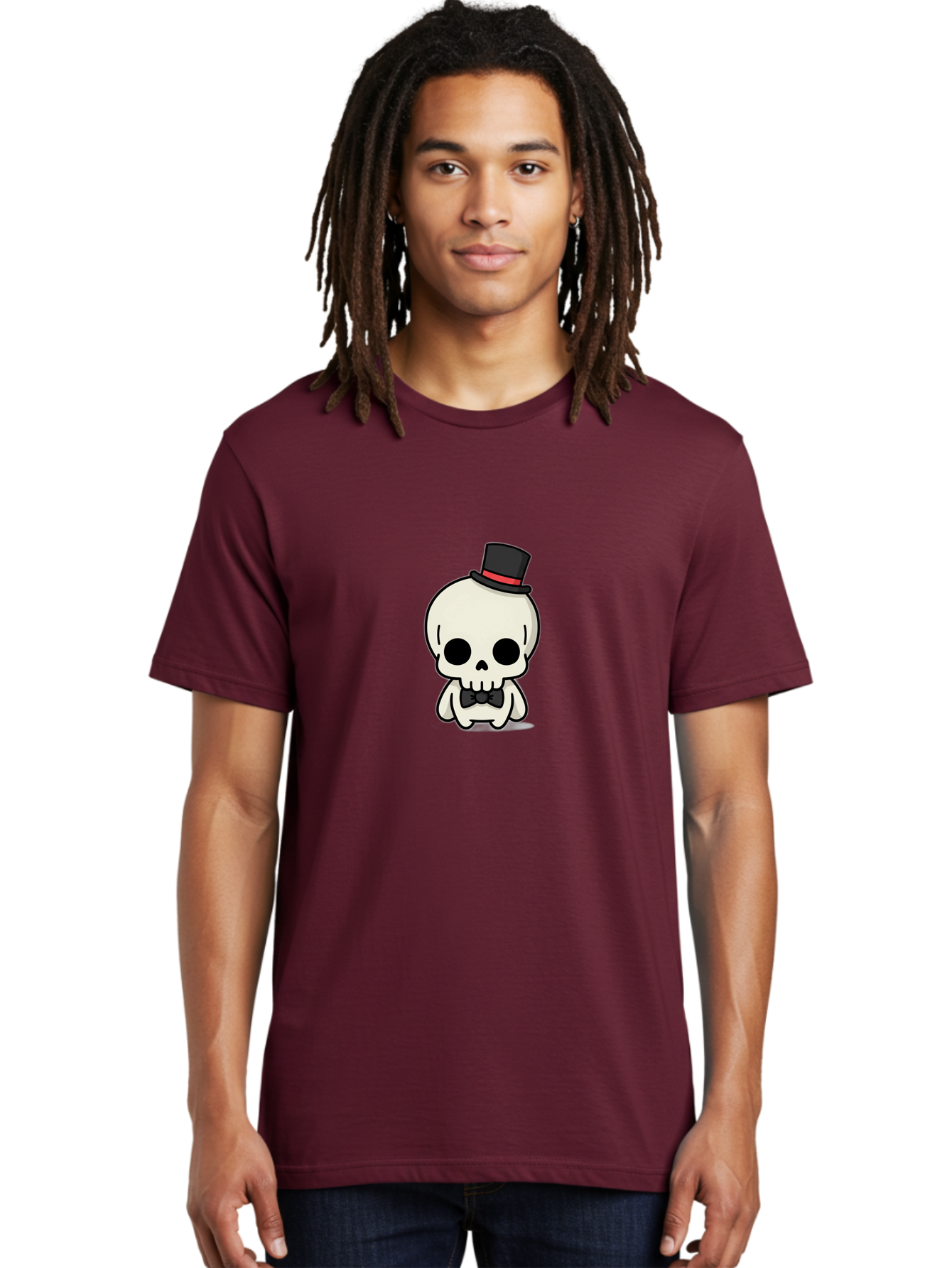 Skull-With-Top-Hat-And-Bow-Tie Men'S Graphic Tee, 100% Cotton, Comfortable Casual Summer Wear, Machine Washable, Cartoon Skull, Top Hat, Black Bow Tie, Skeleton Character, Spooky Charm, Gothic Style, Red Ribbon, Cute Skeleton, Bad625