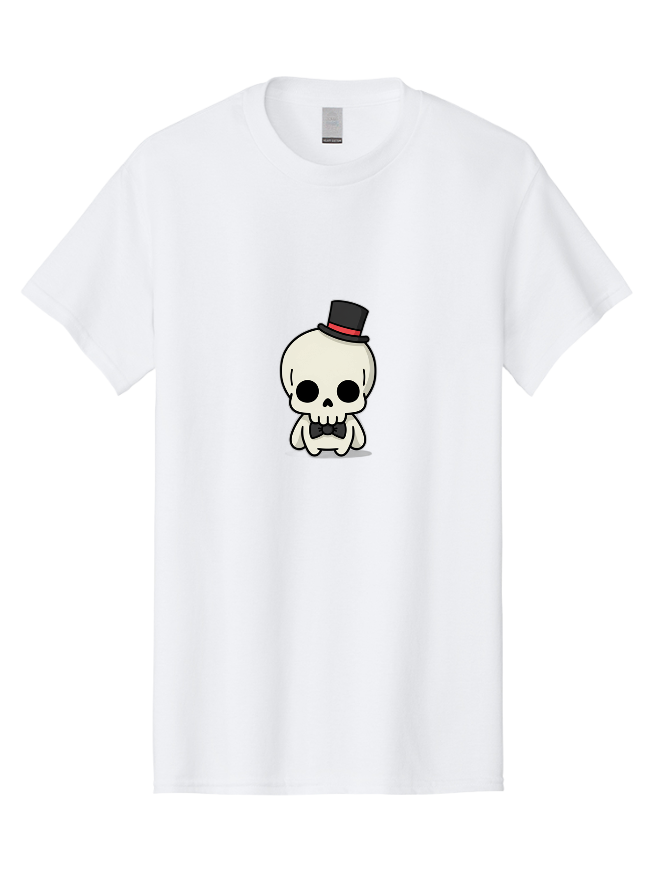 Skull-With-Top-Hat-And-Bow-Tie Men'S Graphic Tee, 100% Cotton, Comfortable Casual Summer Wear, Machine Washable, Cartoon Skull, Top Hat, Black Bow Tie, Skeleton Character, Spooky Charm, Gothic Style, Red Ribbon, Cute Skeleton, Bad625