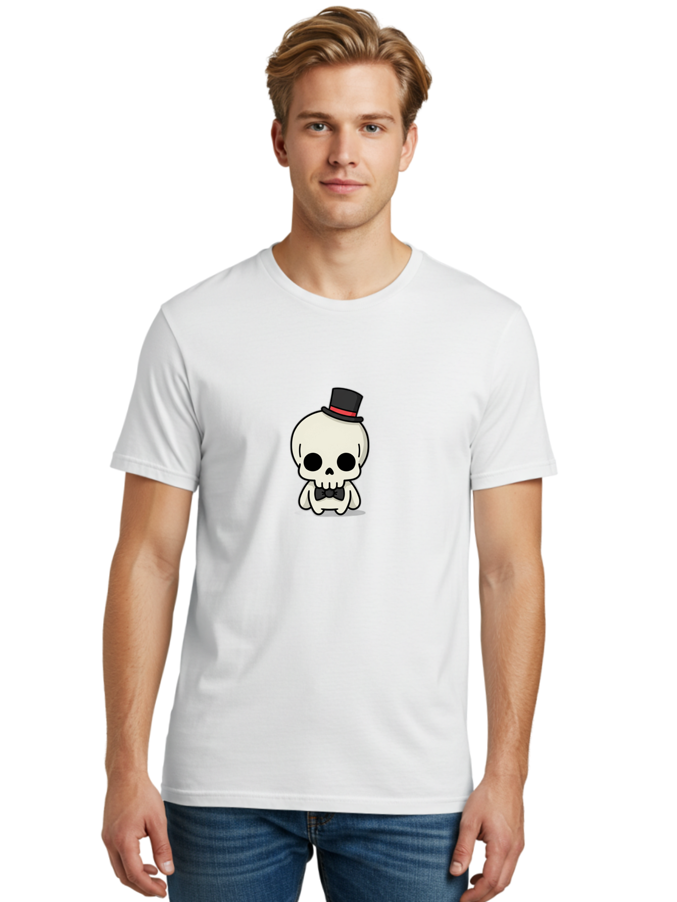 Skull-With-Top-Hat-And-Bow-Tie Men'S Graphic Tee, 100% Cotton, Comfortable Casual Summer Wear, Machine Washable, Cartoon Skull, Top Hat, Black Bow Tie, Skeleton Character, Spooky Charm, Gothic Style, Red Ribbon, Cute Skeleton, Bad625