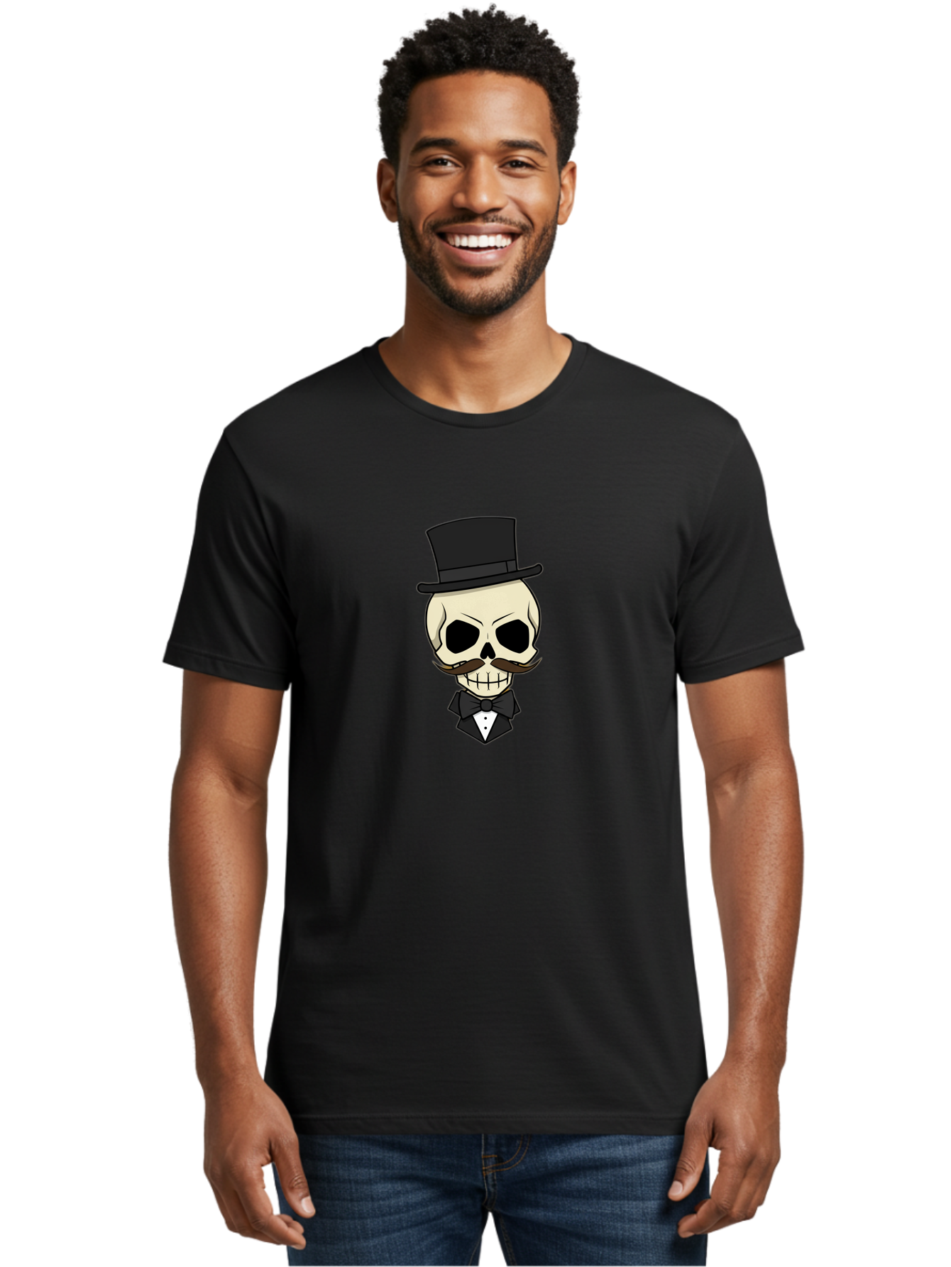 Skull-With-Top-Hat Men'S Graphic Tee, 100% Cotton, Comfortable Casual Summer Wear, Machine Washable, Human Skull With Hat And Mustache, Formal Attire, Bow Tie, Tuxedo, Gentlemanly Appearance, Refined Features, Elegant Design, Quirky Character Bad626
