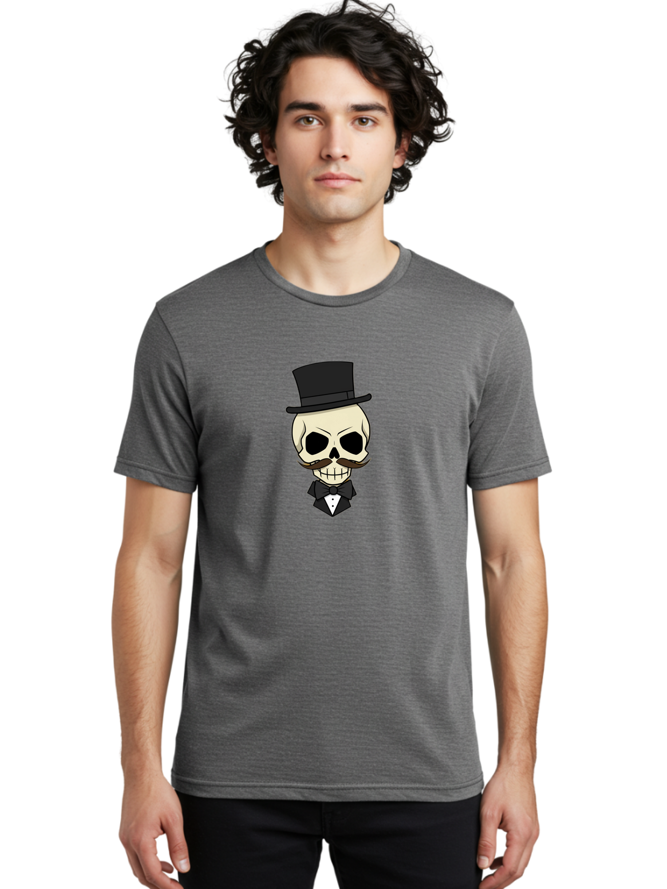 Skull-With-Top-Hat Men'S Graphic Tee, 100% Cotton, Comfortable Casual Summer Wear, Machine Washable, Human Skull With Hat And Mustache, Formal Attire, Bow Tie, Tuxedo, Gentlemanly Appearance, Refined Features, Elegant Design, Quirky Character Bad626