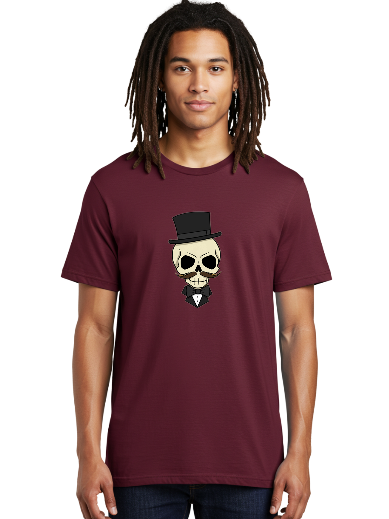 Skull-With-Top-Hat Men'S Graphic Tee, 100% Cotton, Comfortable Casual Summer Wear, Machine Washable, Human Skull With Hat And Mustache, Formal Attire, Bow Tie, Tuxedo, Gentlemanly Appearance, Refined Features, Elegant Design, Quirky Character Bad626