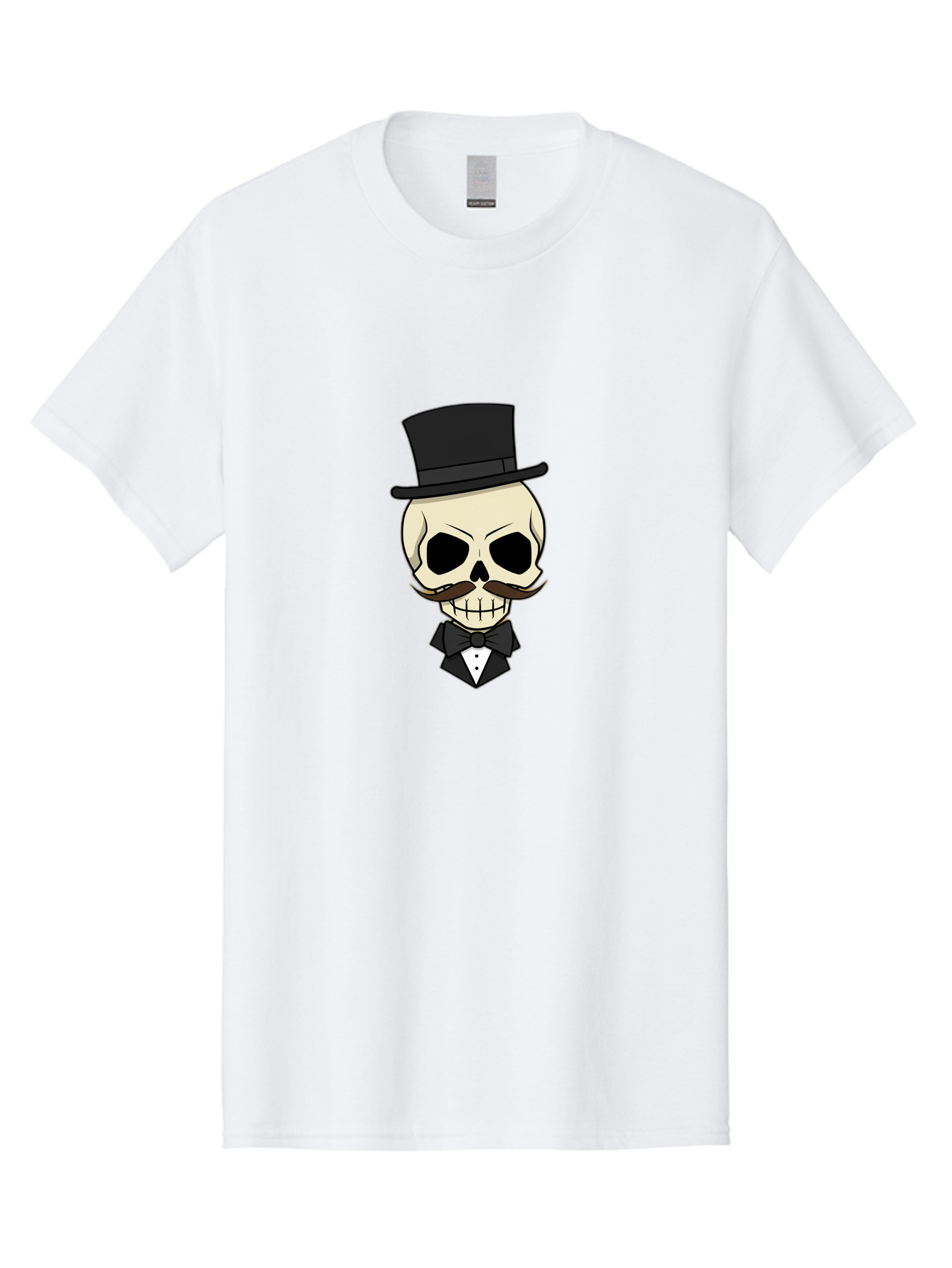 Skull-With-Top-Hat Men'S Graphic Tee, 100% Cotton, Comfortable Casual Summer Wear, Machine Washable, Human Skull With Hat And Mustache, Formal Attire, Bow Tie, Tuxedo, Gentlemanly Appearance, Refined Features, Elegant Design, Quirky Character Bad626