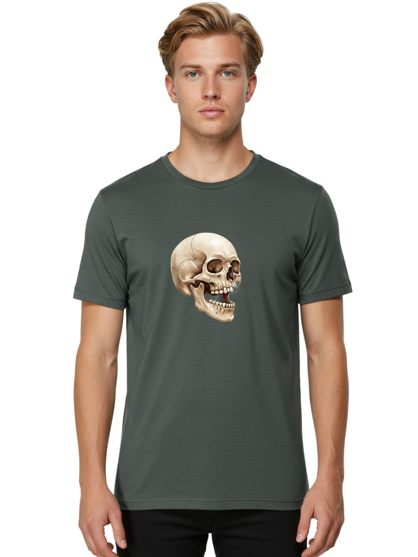 Skull Men'S Graphic Tee, 100% Cotton, Comfortable Casual Summer Wear, Machine Washable, Human Skull, Skeletal Head, Jawbone, Teeth, Anatomy, Bones, Forensic Science, Medical Illustration, Skull Structure Bad627