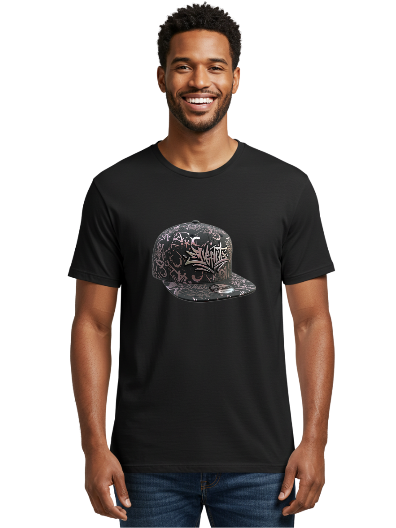 Slanted-Graffiti Men'S Graphic Tee, 100% Cotton, Comfortable Casual Summer Wear, Machine Washable, Black Baseball Cap, Graffiti Design, Streetwear Fashion, Urban Style, Snaghtz Logo, Casual Wear, Trendy Accessories, 47 Brand Label Bad628