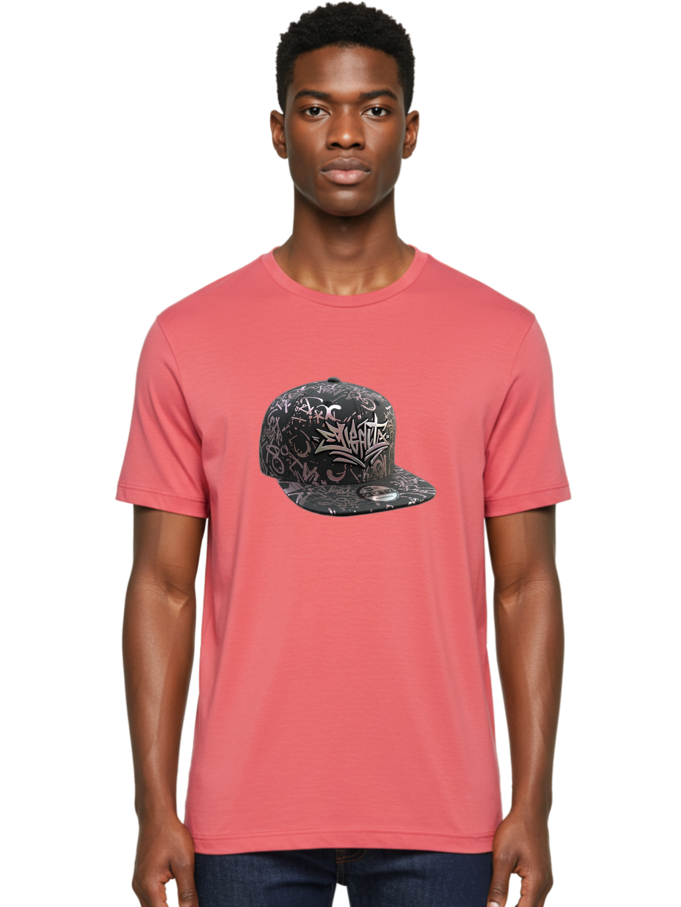 Slanted-Graffiti Men'S Graphic Tee, 100% Cotton, Comfortable Casual Summer Wear, Machine Washable, Black Baseball Cap, Graffiti Design, Streetwear Fashion, Urban Style, Snaghtz Logo, Casual Wear, Trendy Accessories, 47 Brand Label Bad628