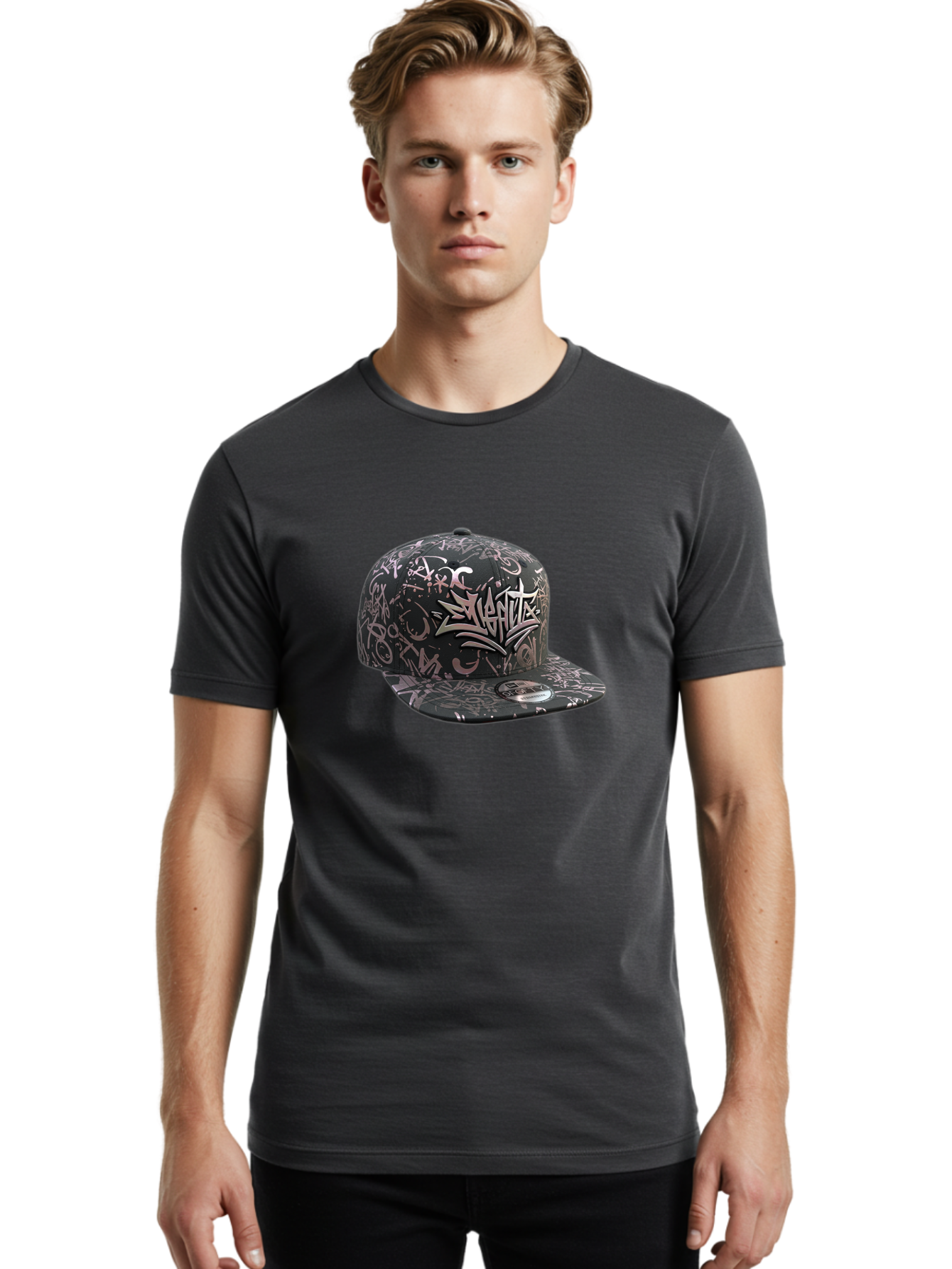 Slanted-Graffiti Men'S Graphic Tee, 100% Cotton, Comfortable Casual Summer Wear, Machine Washable, Black Baseball Cap, Graffiti Design, Streetwear Fashion, Urban Style, Snaghtz Logo, Casual Wear, Trendy Accessories, 47 Brand Label Bad628