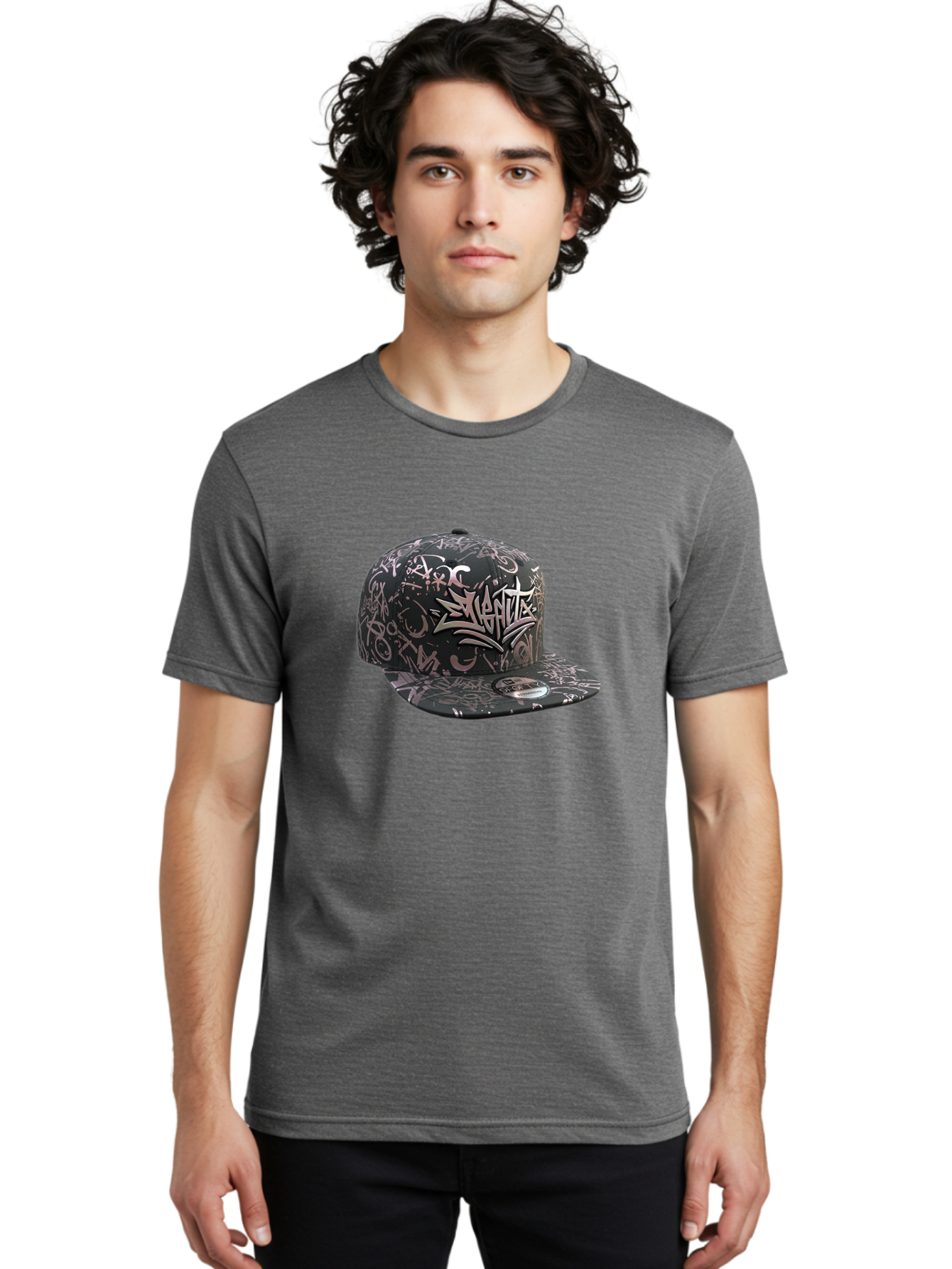Slanted-Graffiti Men'S Graphic Tee, 100% Cotton, Comfortable Casual Summer Wear, Machine Washable, Black Baseball Cap, Graffiti Design, Streetwear Fashion, Urban Style, Snaghtz Logo, Casual Wear, Trendy Accessories, 47 Brand Label Bad628