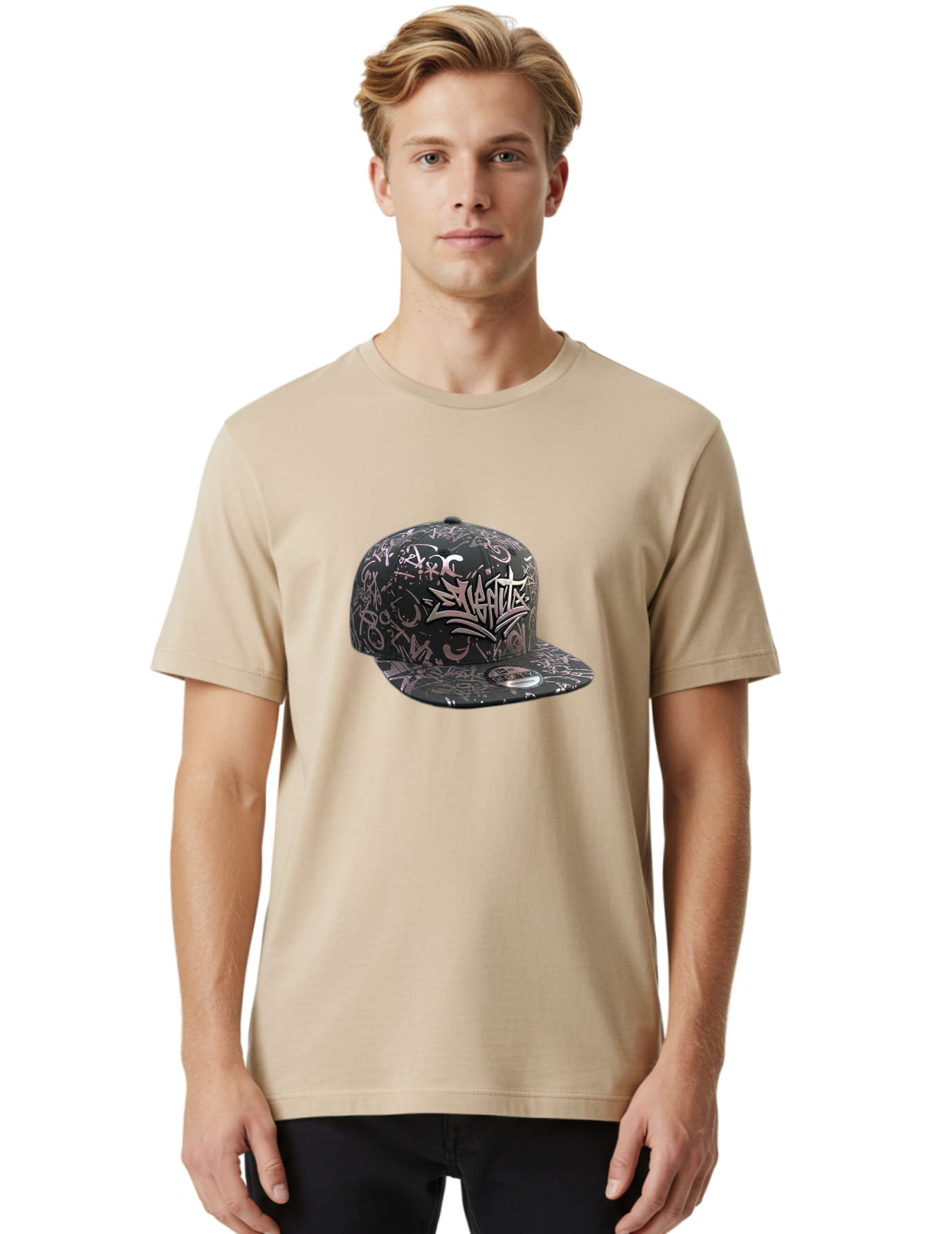 Slanted-Graffiti Men'S Graphic Tee, 100% Cotton, Comfortable Casual Summer Wear, Machine Washable, Black Baseball Cap, Graffiti Design, Streetwear Fashion, Urban Style, Snaghtz Logo, Casual Wear, Trendy Accessories, 47 Brand Label Bad628