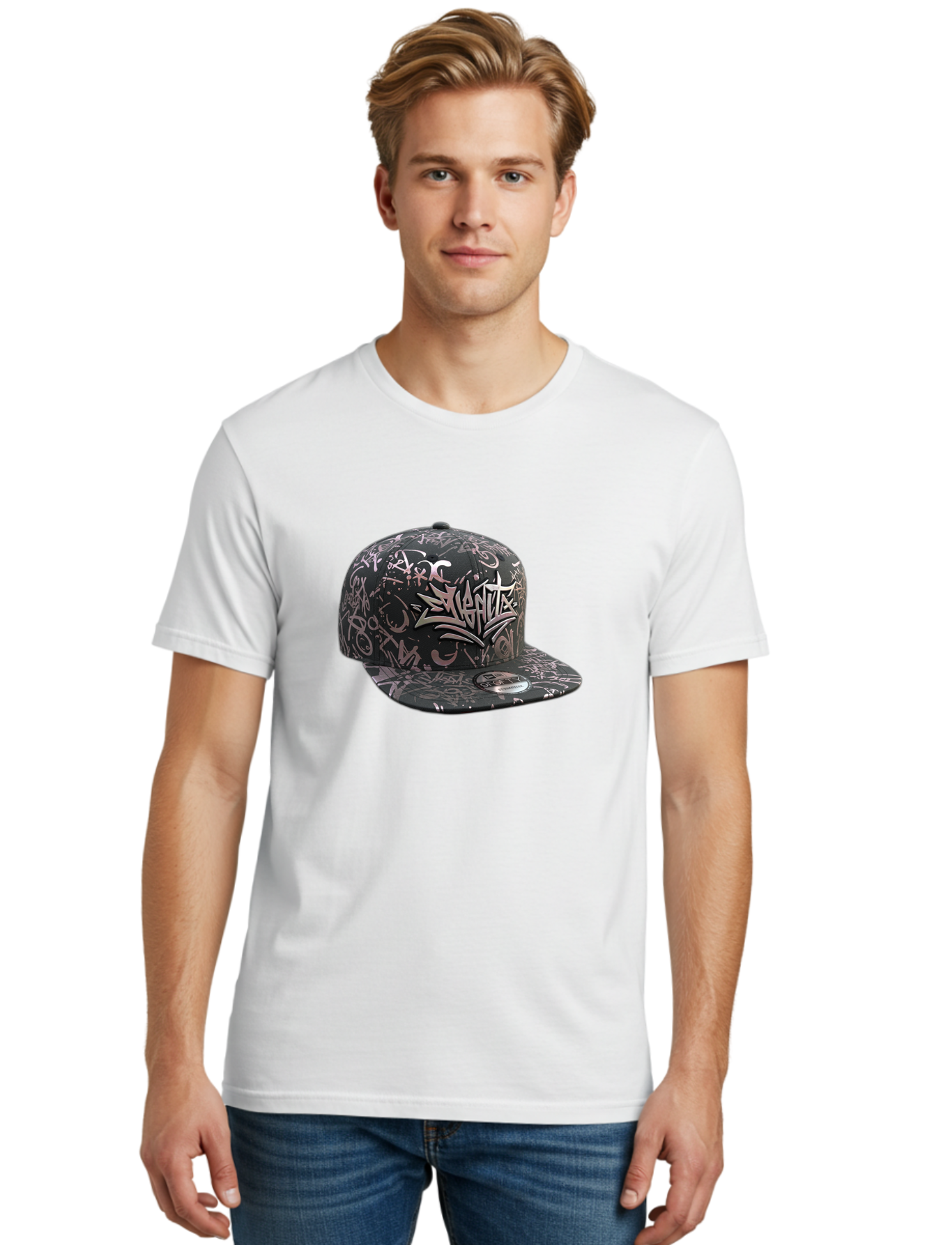 Slanted-Graffiti Men'S Graphic Tee, 100% Cotton, Comfortable Casual Summer Wear, Machine Washable, Black Baseball Cap, Graffiti Design, Streetwear Fashion, Urban Style, Snaghtz Logo, Casual Wear, Trendy Accessories, 47 Brand Label Bad628