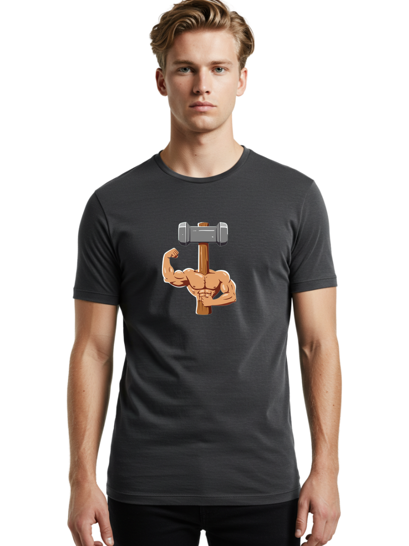 Sledge-Hammer-Arm Men'S Graphic Tee, 100% Cotton, Comfortable Casual Summer Wear, Machine Washable, Strong Arm, Flexed Bicep, Muscular Physique, Sledgehammer, Power Symbol, Strength Training, Fitness, Cartoon Illustration, Bodybuilding Bad629