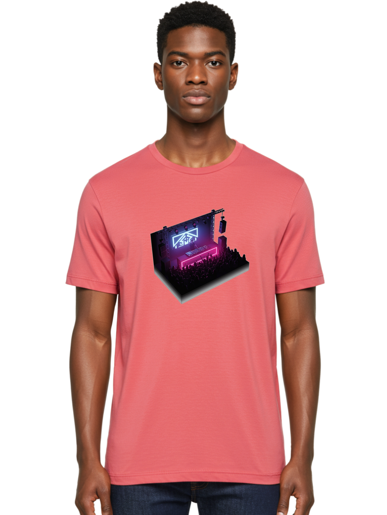 Smb-Stage Men'S Graphic Tee, 100% Cotton, Comfortable Casual Summer Wear, Machine Washable, Dj On Stage, Electronic Dance Music, 3D Graphic Design, Rave Party, Nightclub Atmosphere, Neon Lights, Futuristic Feel, Crowd Dancing, Concert Setup, Bad630