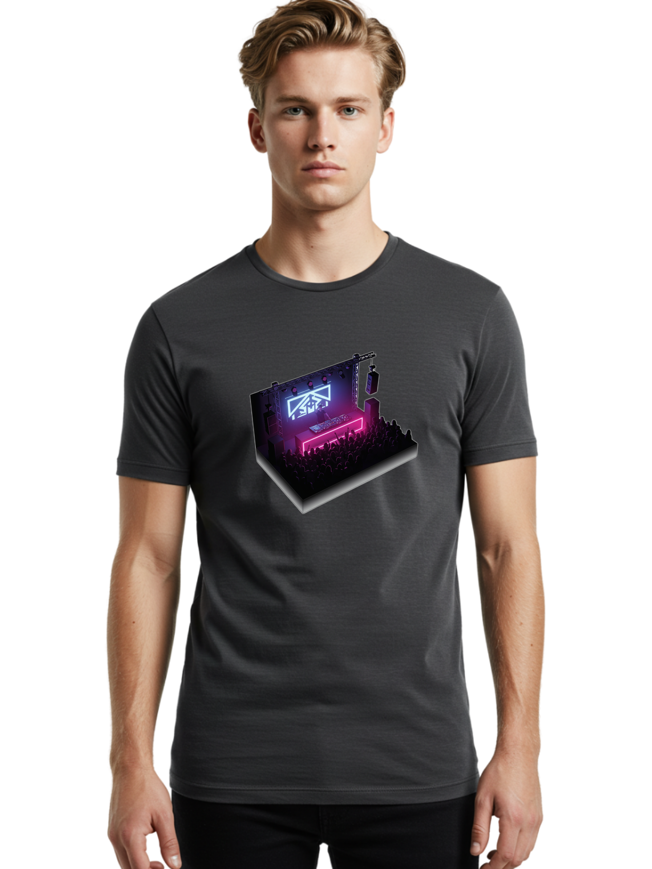 Smb-Stage Men'S Graphic Tee, 100% Cotton, Comfortable Casual Summer Wear, Machine Washable, Dj On Stage, Electronic Dance Music, 3D Graphic Design, Rave Party, Nightclub Atmosphere, Neon Lights, Futuristic Feel, Crowd Dancing, Concert Setup, Bad630