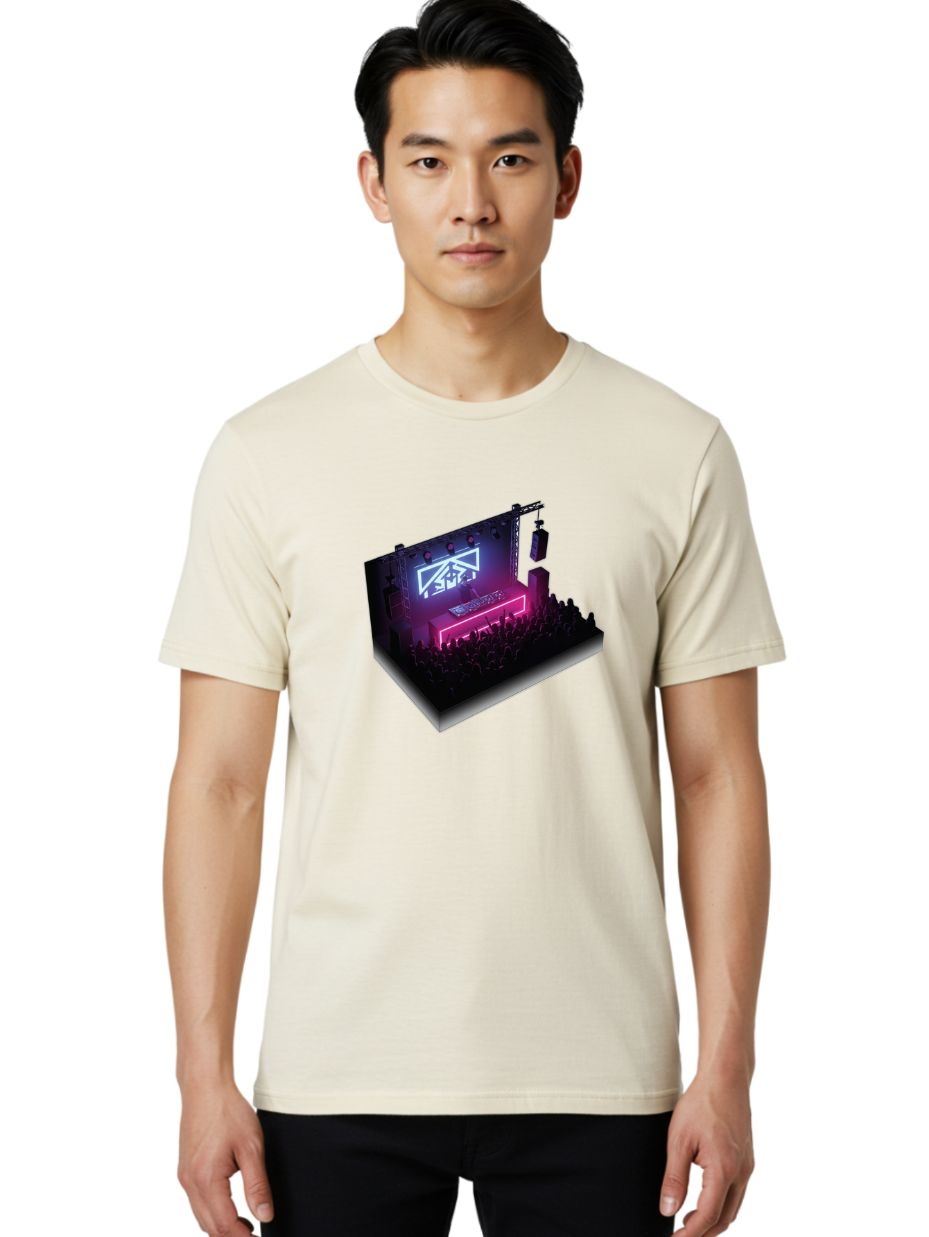 Smb-Stage Men'S Graphic Tee, 100% Cotton, Comfortable Casual Summer Wear, Machine Washable, Dj On Stage, Electronic Dance Music, 3D Graphic Design, Rave Party, Nightclub Atmosphere, Neon Lights, Futuristic Feel, Crowd Dancing, Concert Setup, Bad630