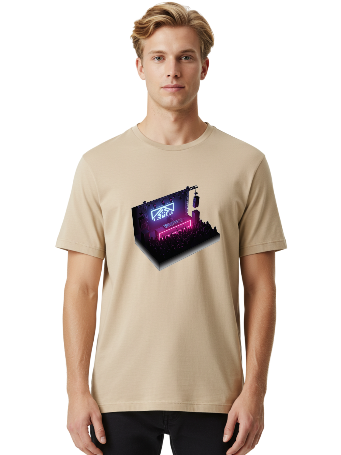 Smb-Stage Men'S Graphic Tee, 100% Cotton, Comfortable Casual Summer Wear, Machine Washable, Dj On Stage, Electronic Dance Music, 3D Graphic Design, Rave Party, Nightclub Atmosphere, Neon Lights, Futuristic Feel, Crowd Dancing, Concert Setup, Bad630