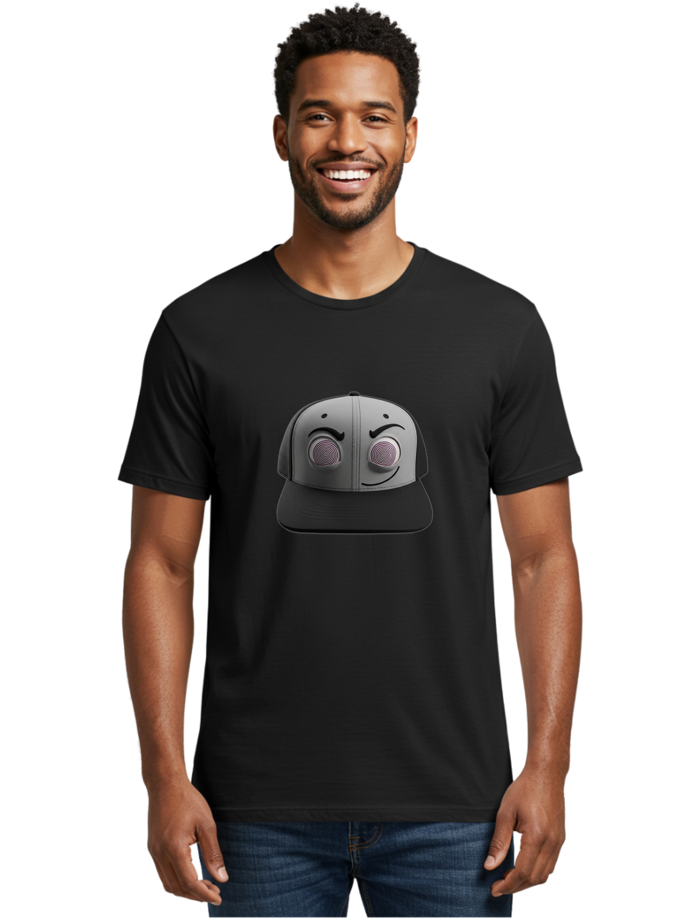 Smile-Baseball-Cap Men'S Graphic Tee, 100% Cotton, Comfortable Casual Summer Wear, Machine Washable, Baseball Cap, Face Design, Spiral Eyes, Smiling Face, Black And Grey, Unique Accessory, Fashion Statement, Streetwear Style Bad631