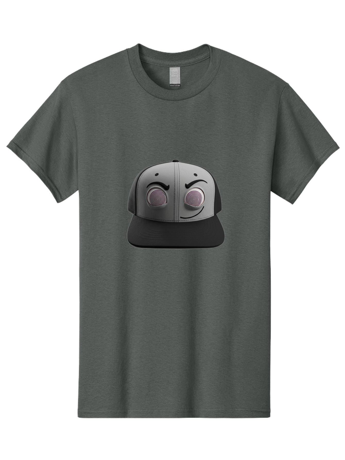 Smile-Baseball-Cap Men'S Graphic Tee, 100% Cotton, Comfortable Casual Summer Wear, Machine Washable, Baseball Cap, Face Design, Spiral Eyes, Smiling Face, Black And Grey, Unique Accessory, Fashion Statement, Streetwear Style Bad631