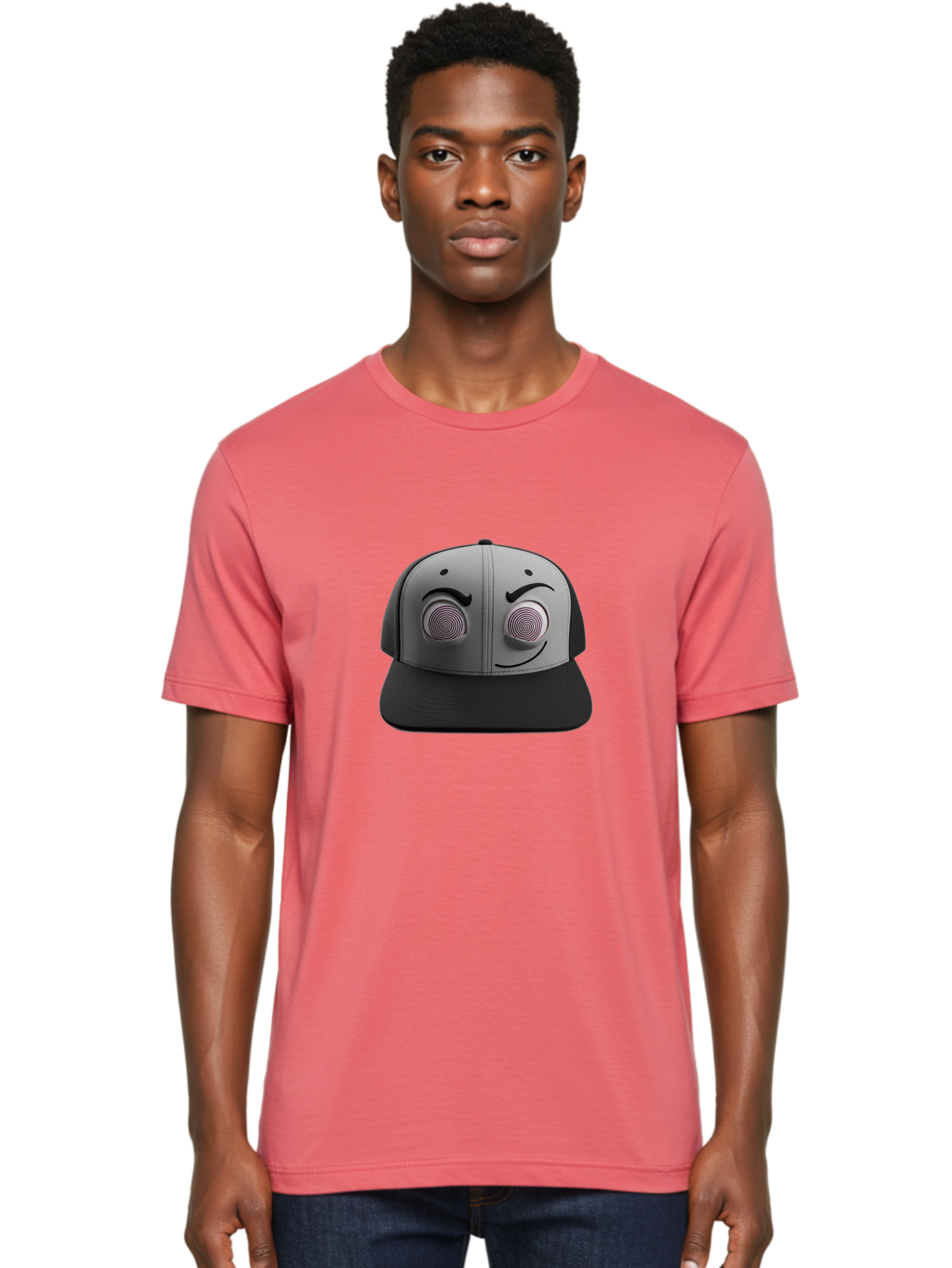 Smile-Baseball-Cap Men'S Graphic Tee, 100% Cotton, Comfortable Casual Summer Wear, Machine Washable, Baseball Cap, Face Design, Spiral Eyes, Smiling Face, Black And Grey, Unique Accessory, Fashion Statement, Streetwear Style Bad631