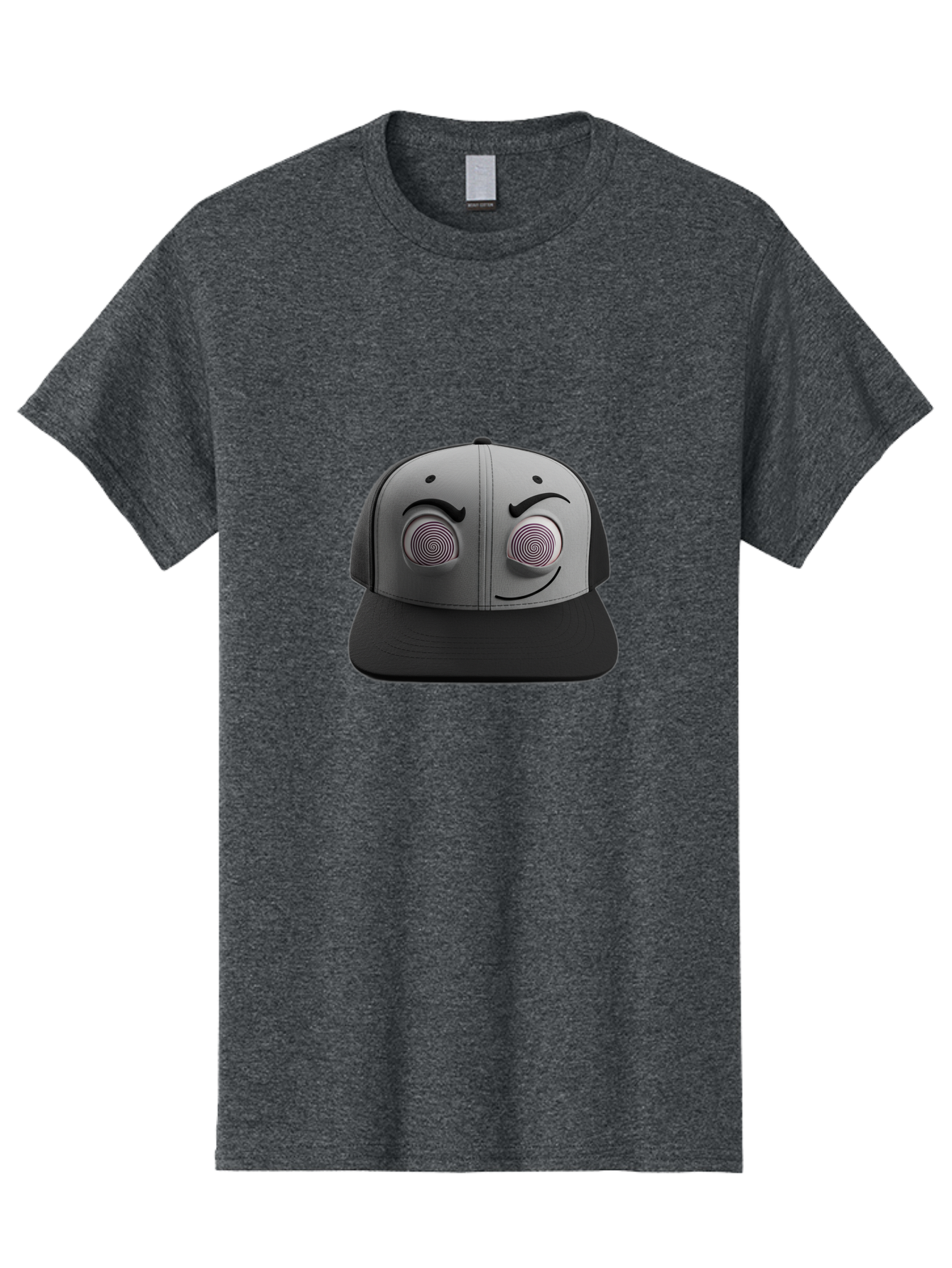 Smile-Baseball-Cap Men'S Graphic Tee, 100% Cotton, Comfortable Casual Summer Wear, Machine Washable, Baseball Cap, Face Design, Spiral Eyes, Smiling Face, Black And Grey, Unique Accessory, Fashion Statement, Streetwear Style Bad631