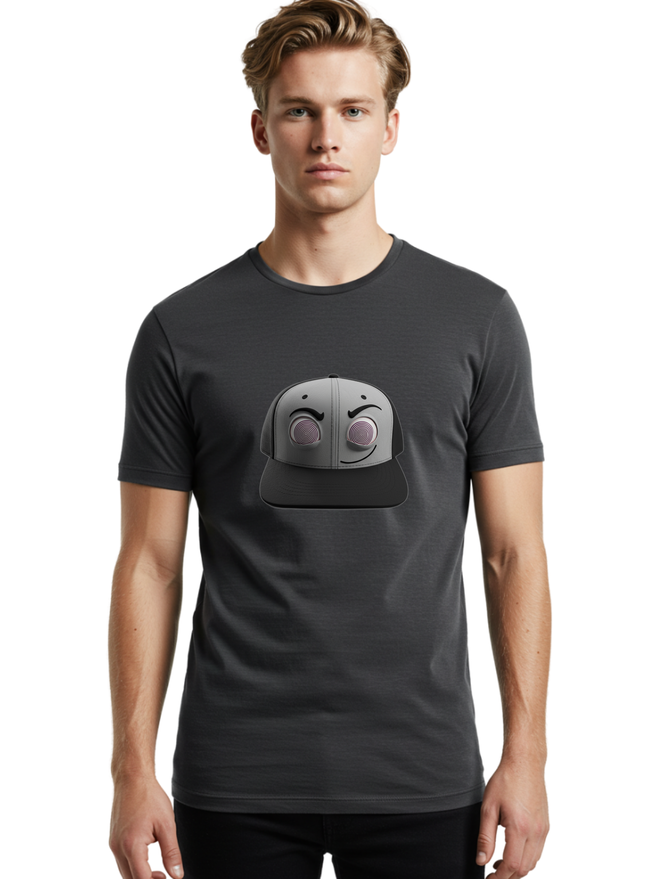 Smile-Baseball-Cap Men'S Graphic Tee, 100% Cotton, Comfortable Casual Summer Wear, Machine Washable, Baseball Cap, Face Design, Spiral Eyes, Smiling Face, Black And Grey, Unique Accessory, Fashion Statement, Streetwear Style Bad631
