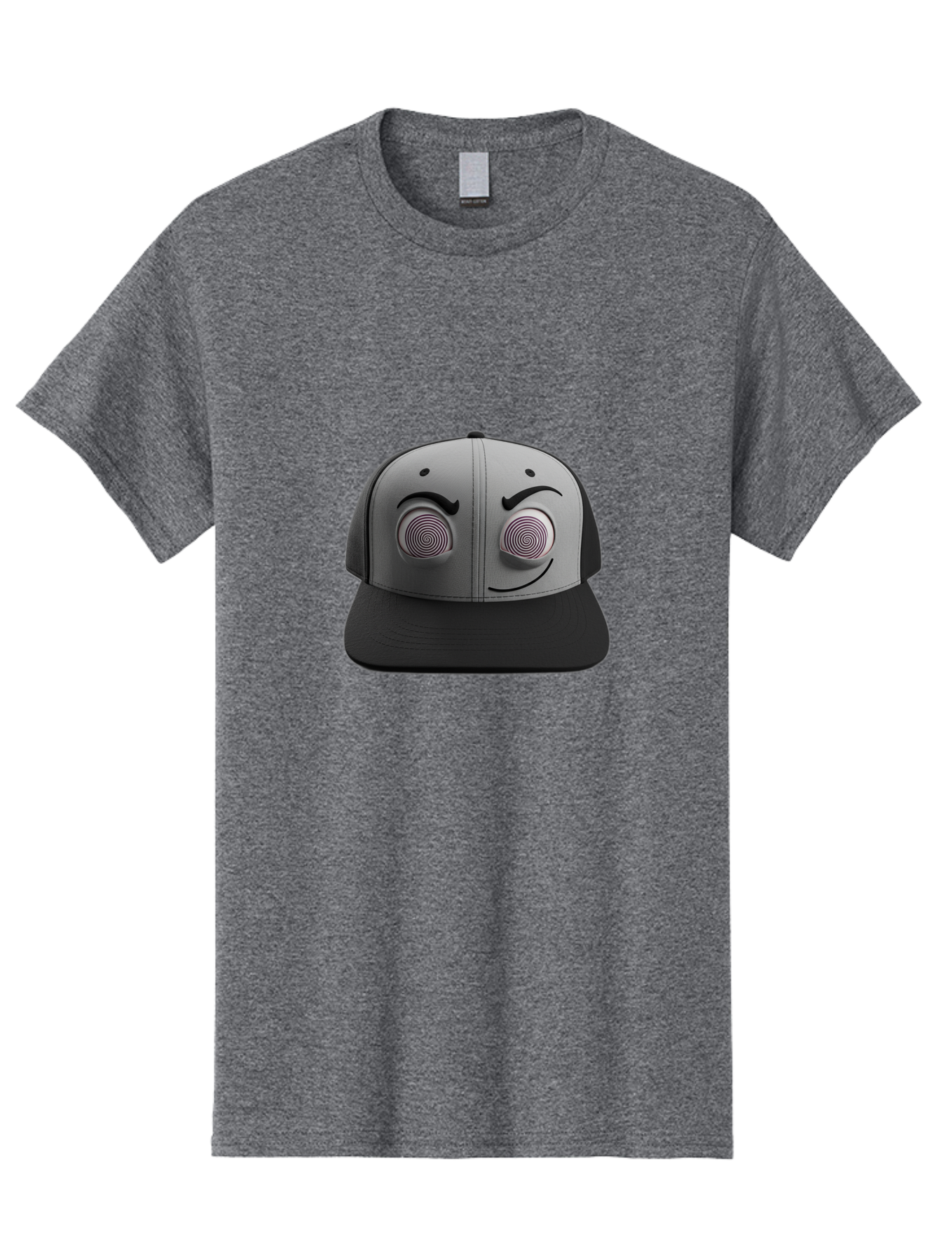 Smile-Baseball-Cap Men'S Graphic Tee, 100% Cotton, Comfortable Casual Summer Wear, Machine Washable, Baseball Cap, Face Design, Spiral Eyes, Smiling Face, Black And Grey, Unique Accessory, Fashion Statement, Streetwear Style Bad631