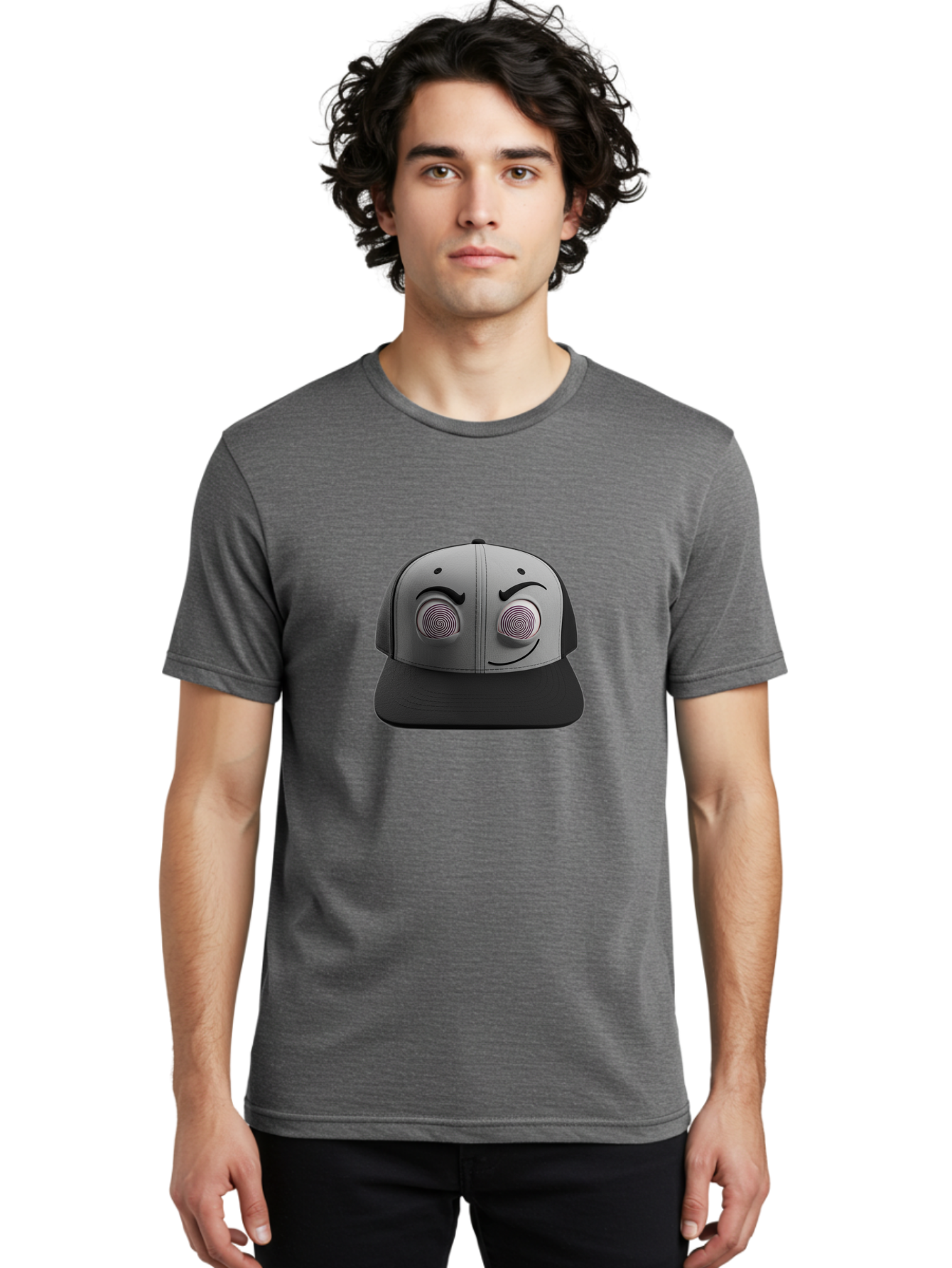 Smile-Baseball-Cap Men'S Graphic Tee, 100% Cotton, Comfortable Casual Summer Wear, Machine Washable, Baseball Cap, Face Design, Spiral Eyes, Smiling Face, Black And Grey, Unique Accessory, Fashion Statement, Streetwear Style Bad631